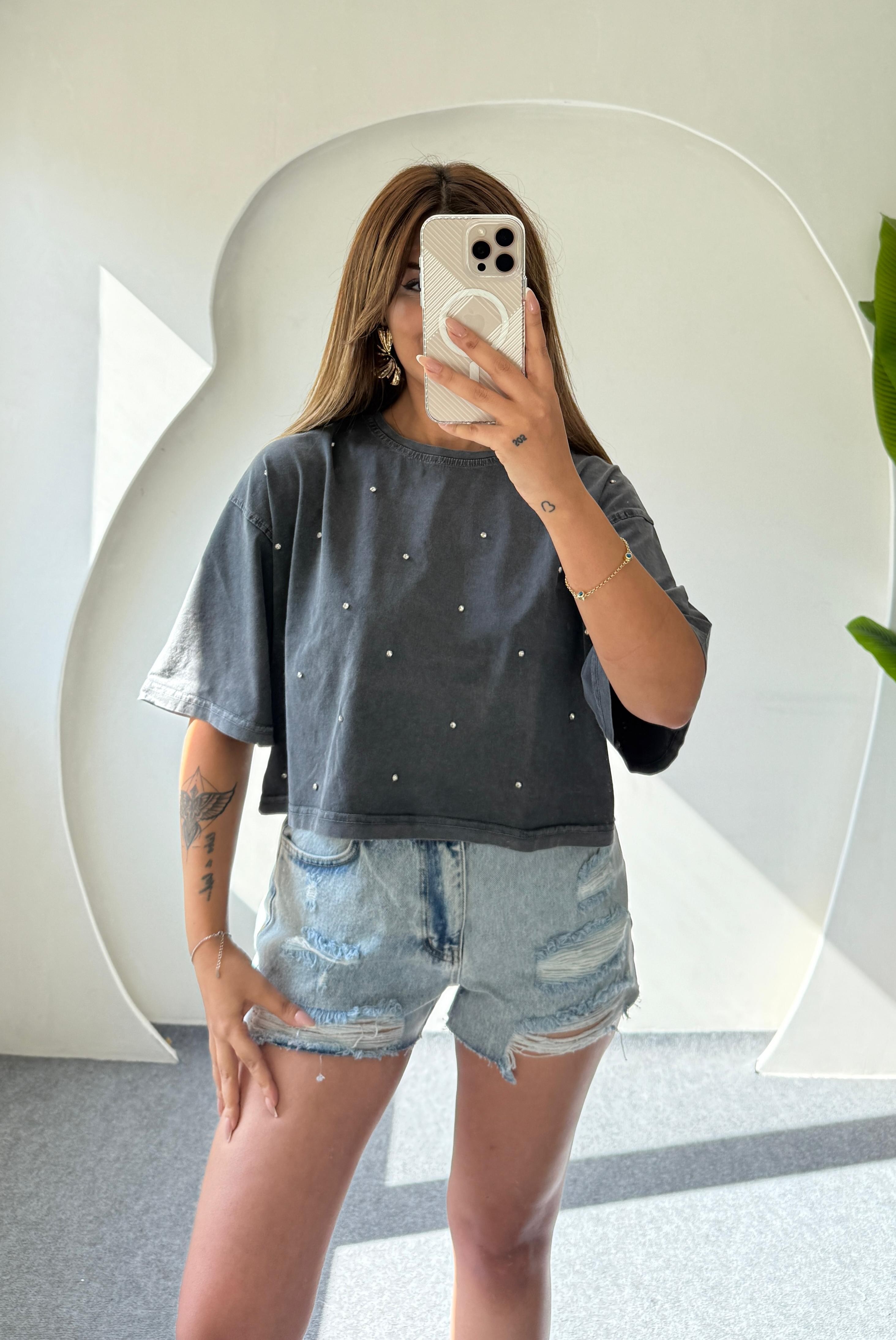 LOOS TAŞLI CROP T-SHIRT - ANTRASİT