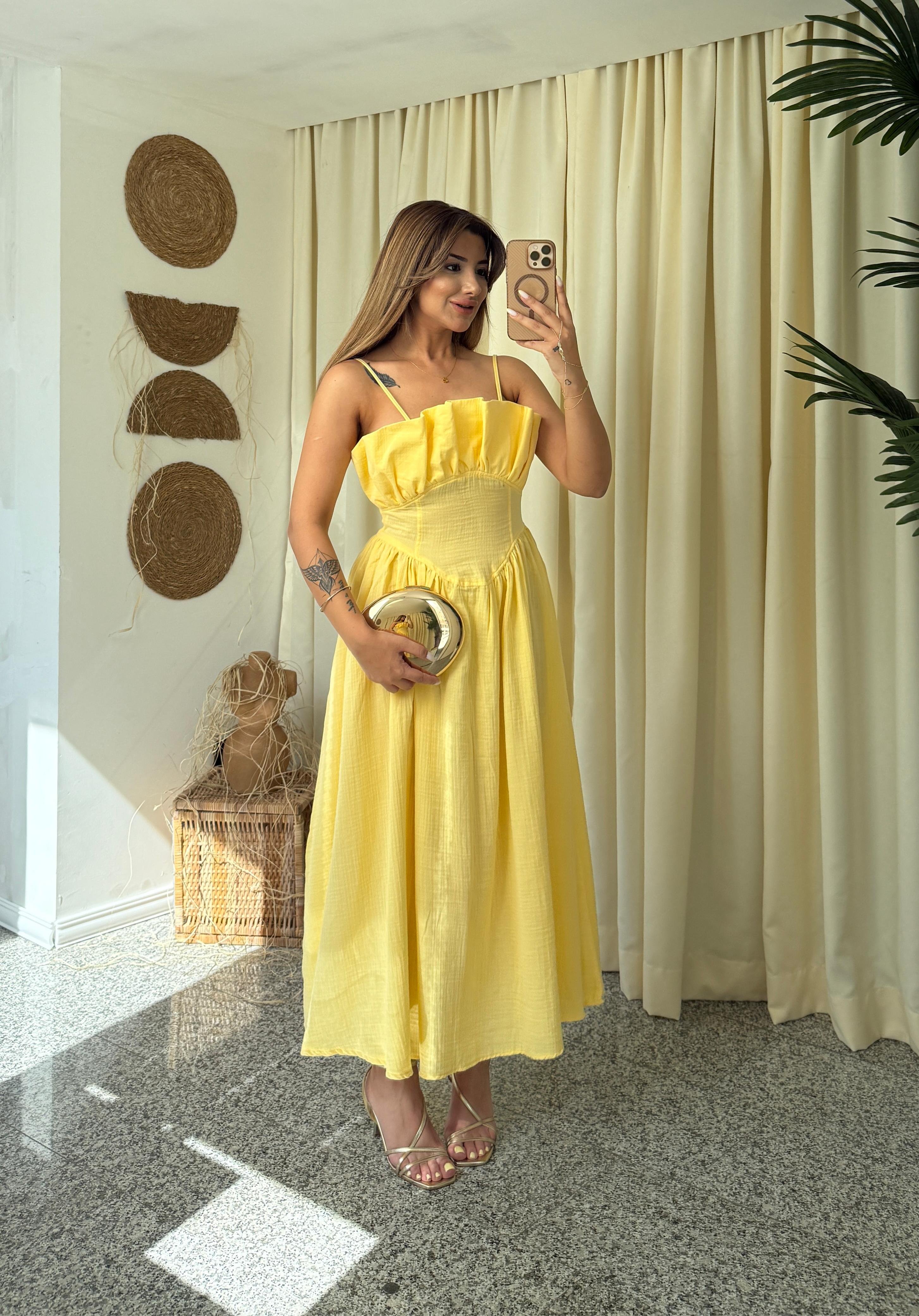 PERY GÖĞÜS DETAYLI KETEN MİDİ ELBİSE - SARI