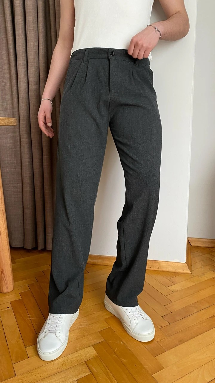 Pileli Baggy Kumaş Pantolon. - Füme