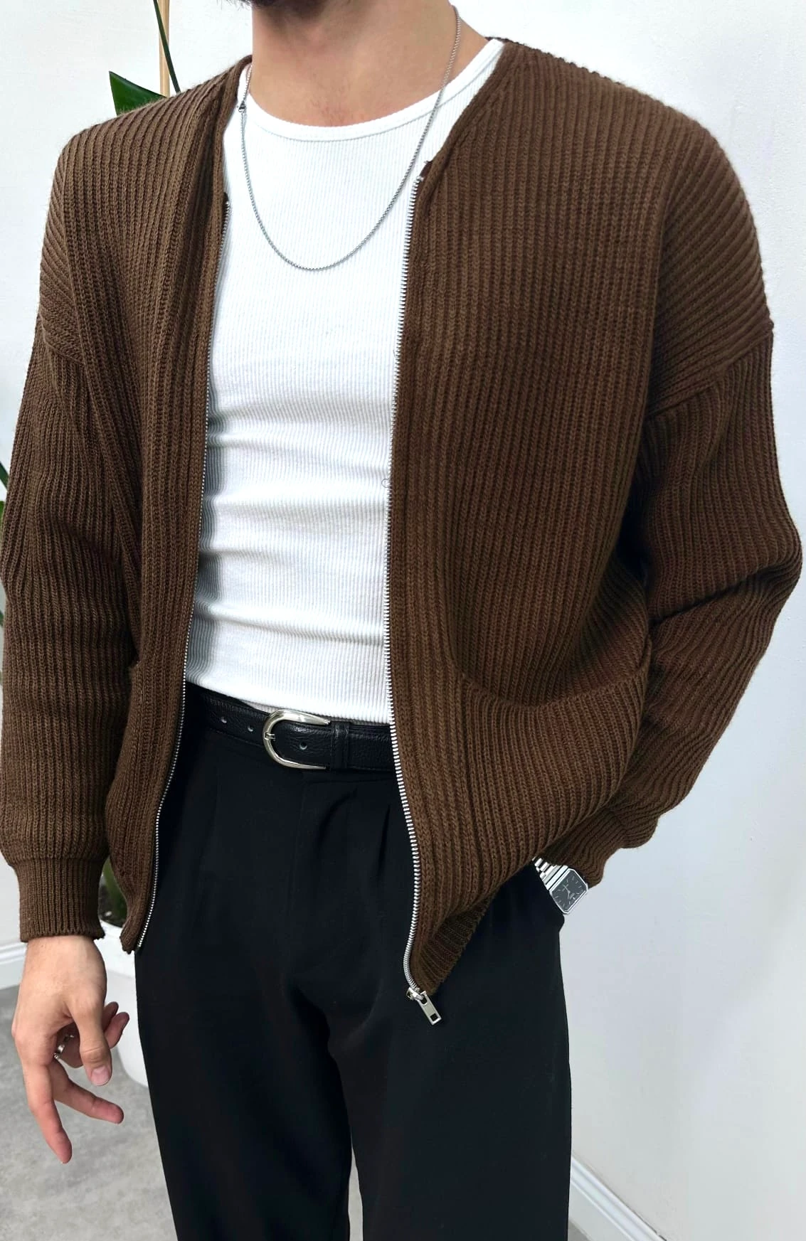 Erkek Old Money Fermuarlı Örgü Hırka Kazak - Kahverengi