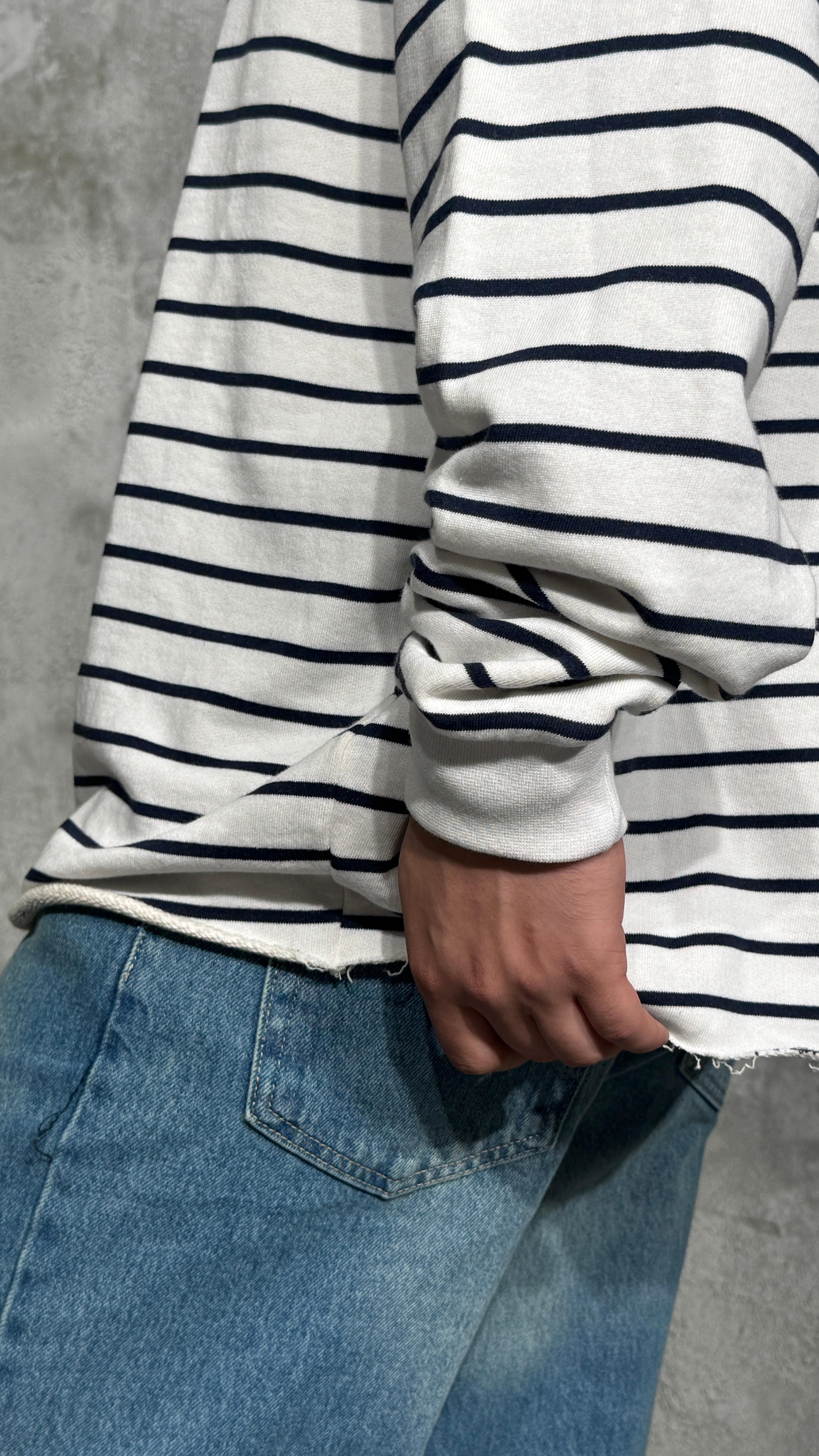 Erkek Oversize Polo Yaka Çizgili Premium Uzun Kollu Tişört