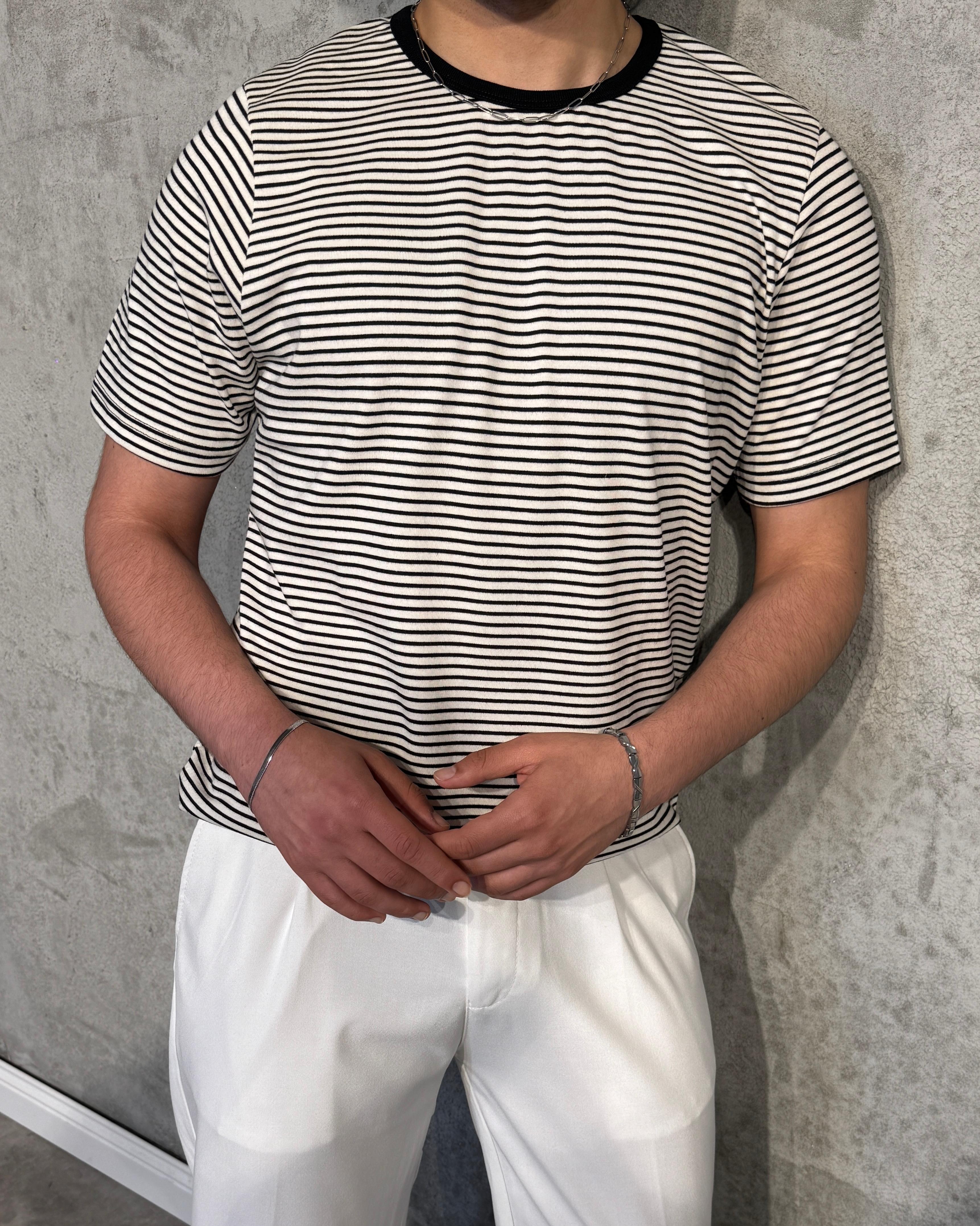 Regular Fit Çizgili Tişört - Siyah