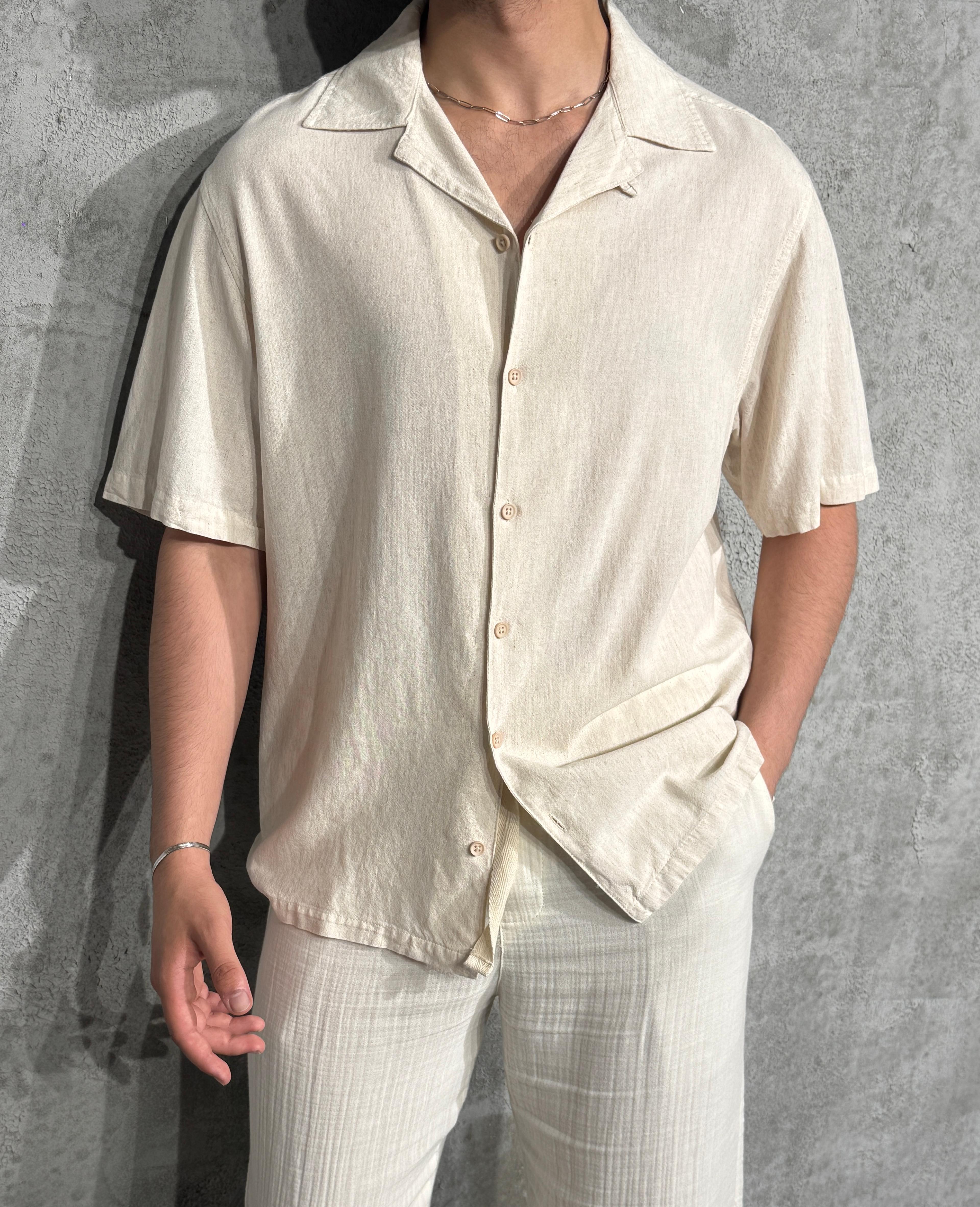 Oversize Kısa Kol Keten Gömlek - Krem