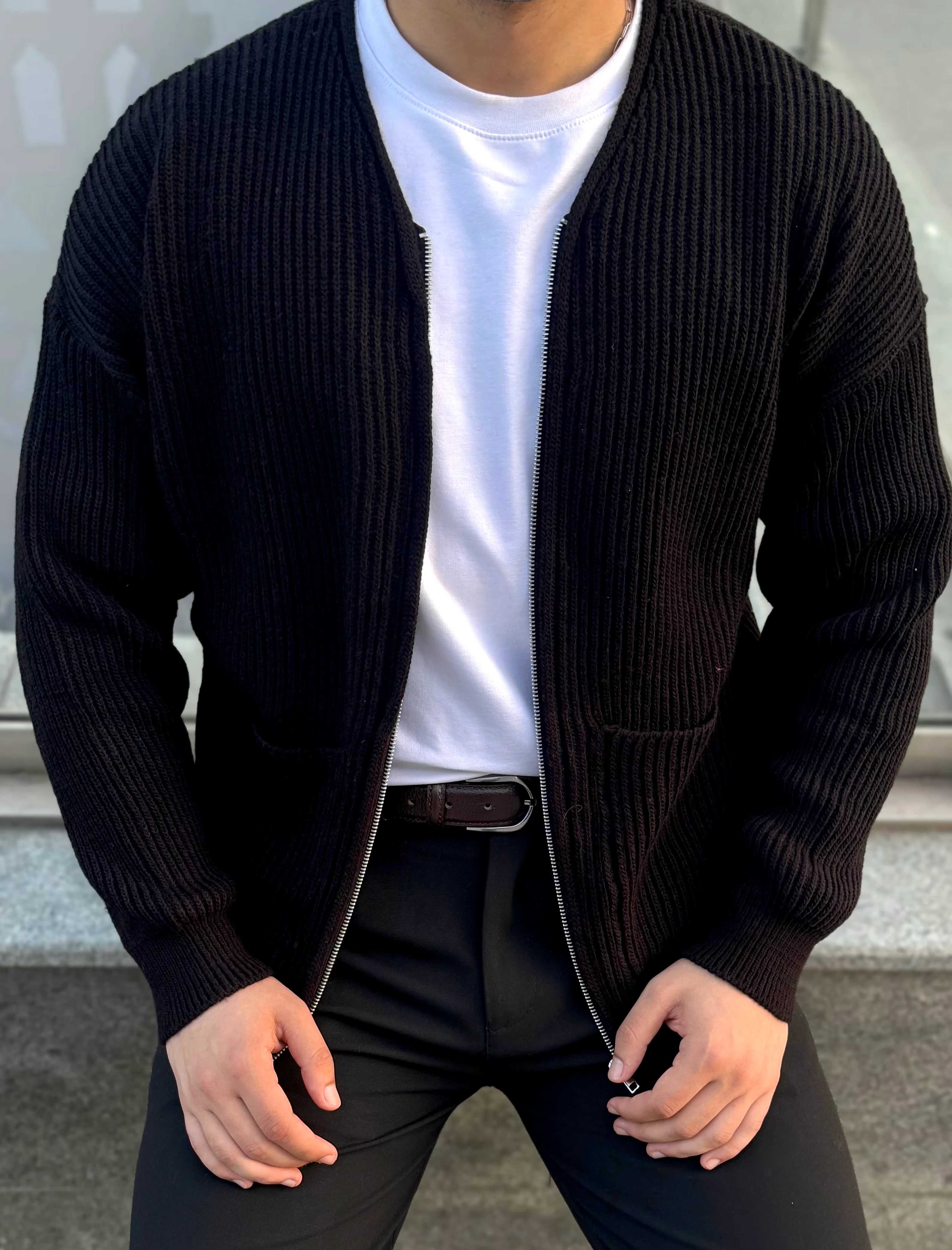 Erkek Old Money Fermuarlı Örgü Hırka Kazak - Siyah