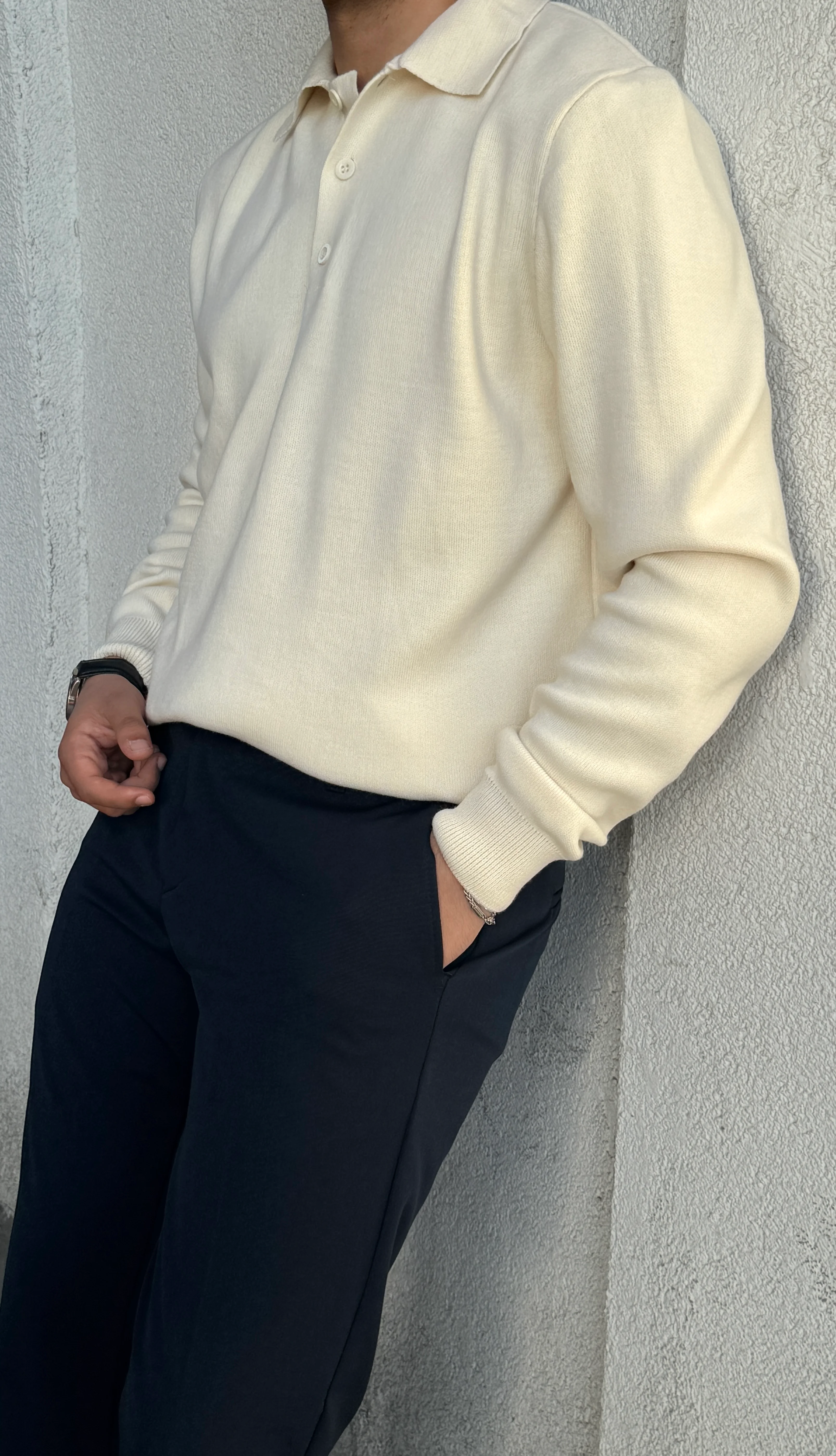 Erkek Premium Kalite Düğmeli Krem Triko Kazak