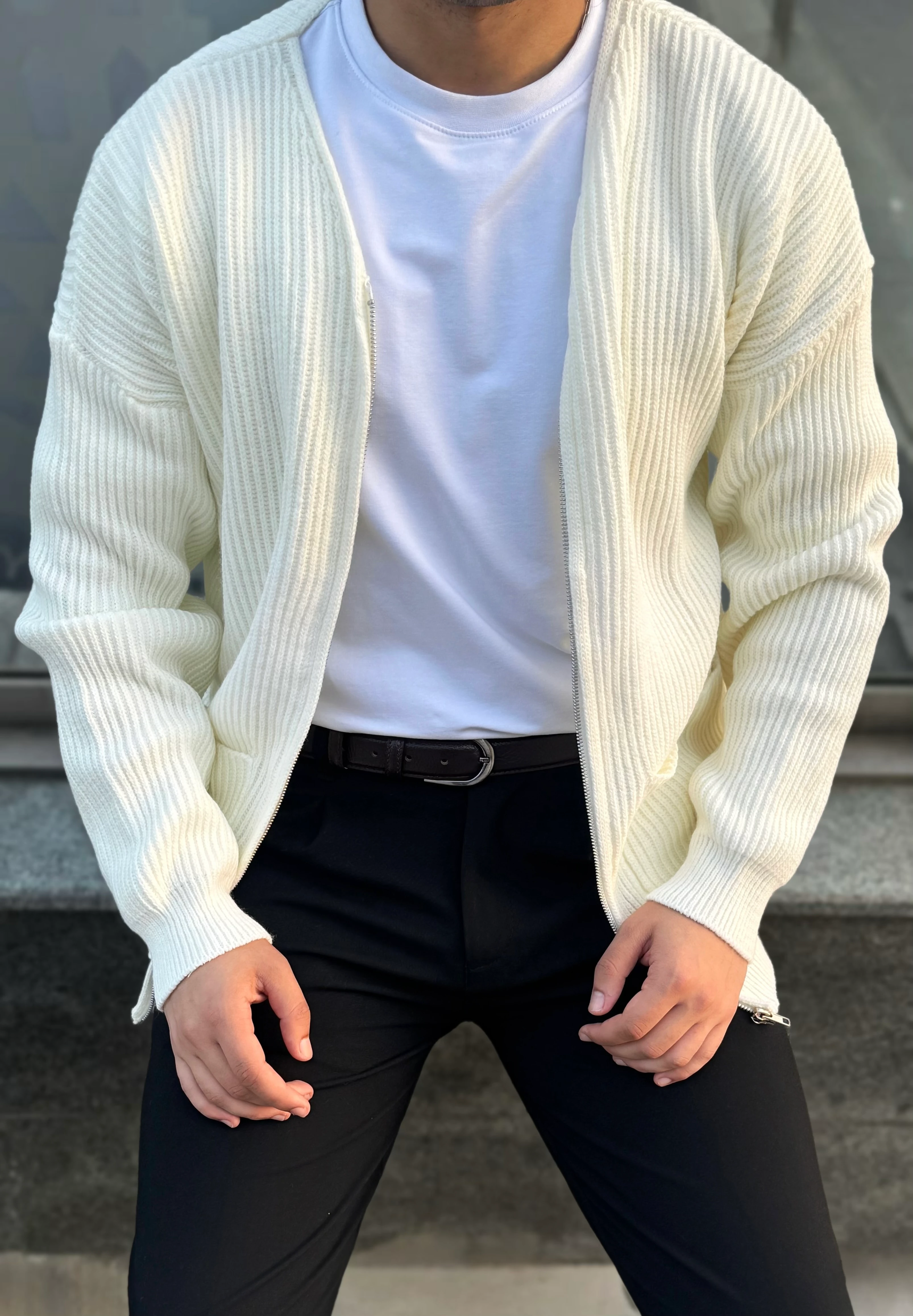 Erkek Old Money Fermuarlı Örgü Hırka Kazak - Kırık Beyaz