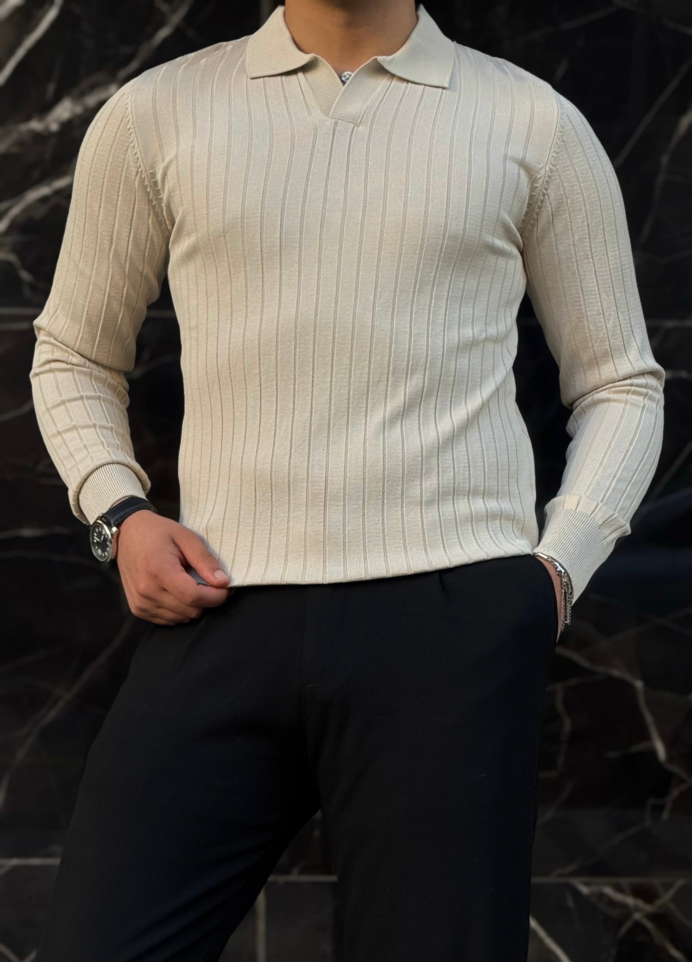 Erkek Çizgili Polo Yaka Slim Fit Üst - Krem