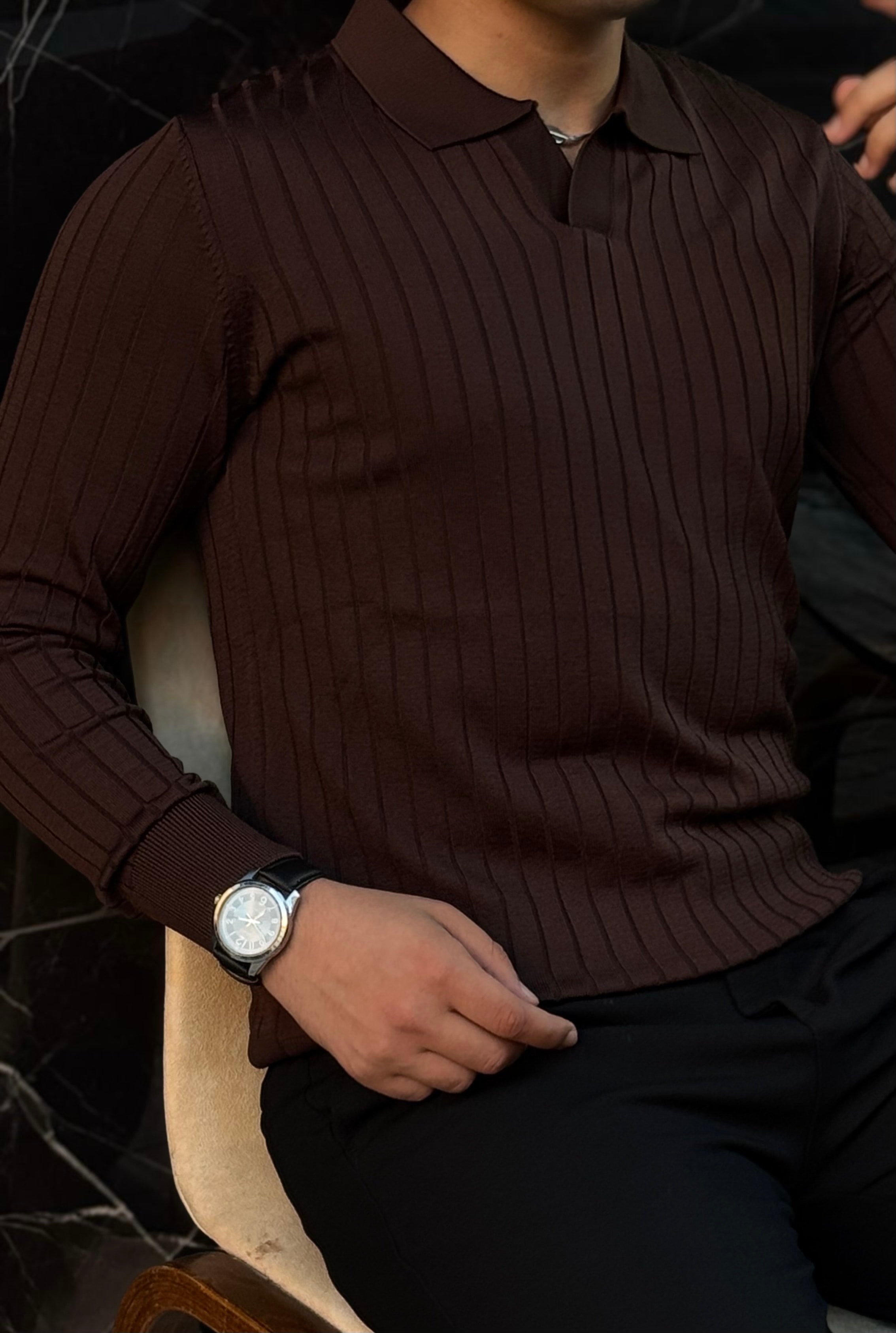 Erkek Çizgili Polo Yaka Slim Fit Üst - Kahverengi