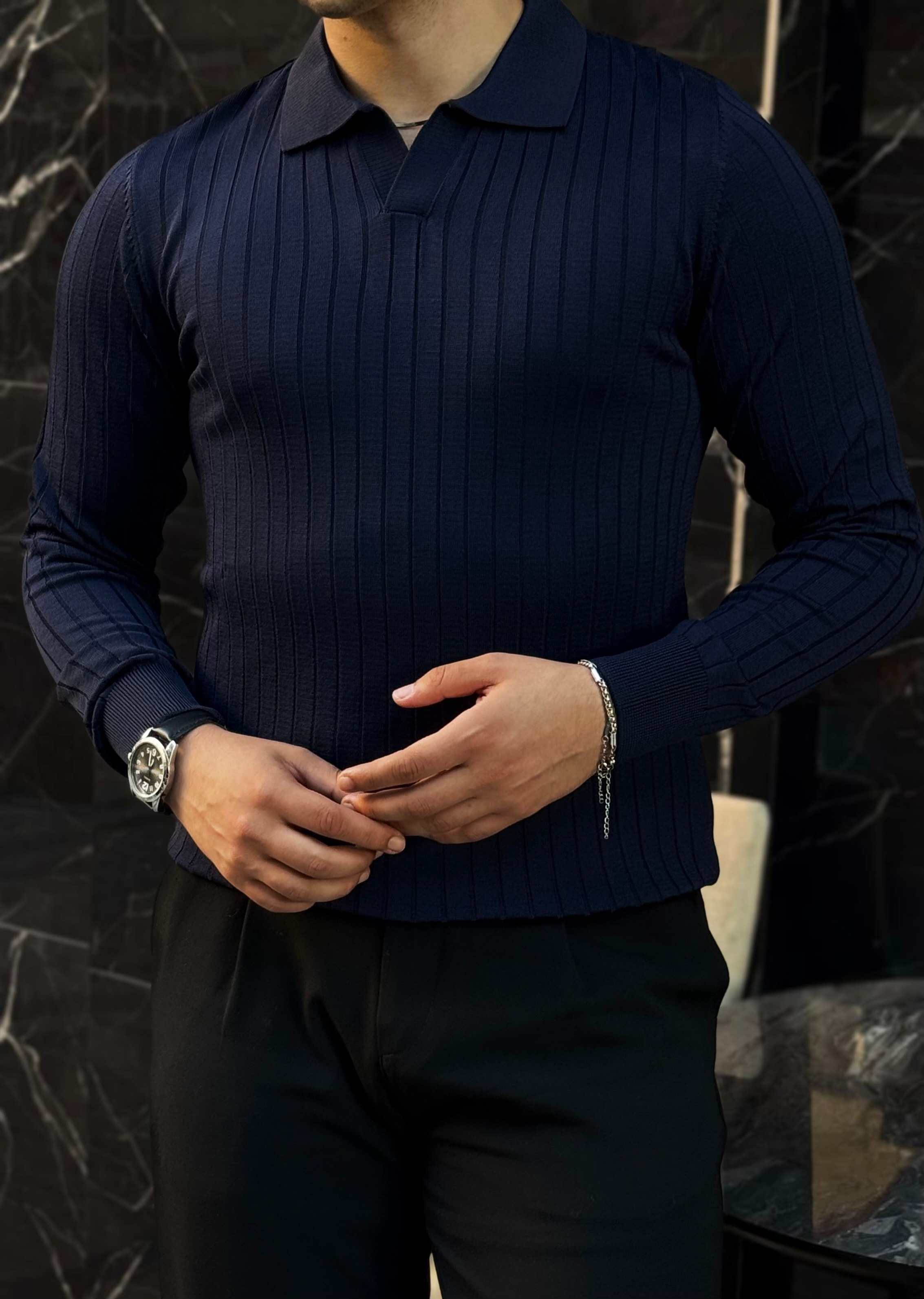 Erkek Çizgili Polo Yaka Slim Fit Üst - Lacivert