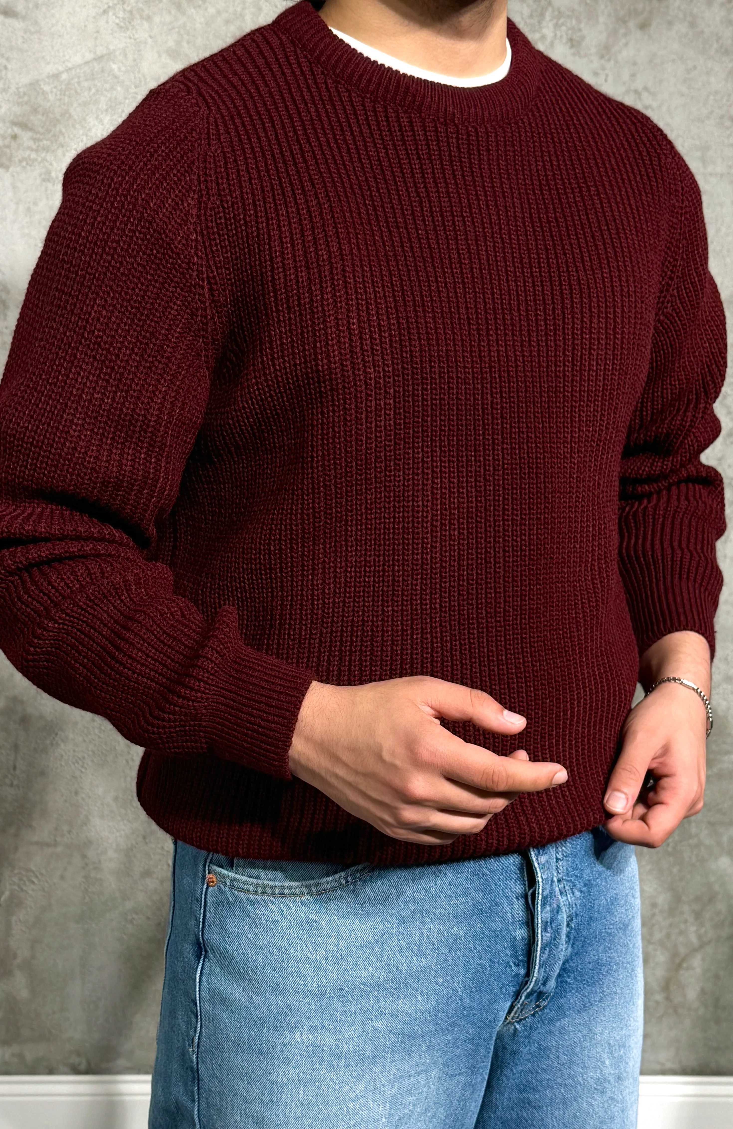 Erkek Premium Bisiklet Yaka Örgü Kazak - Bordo