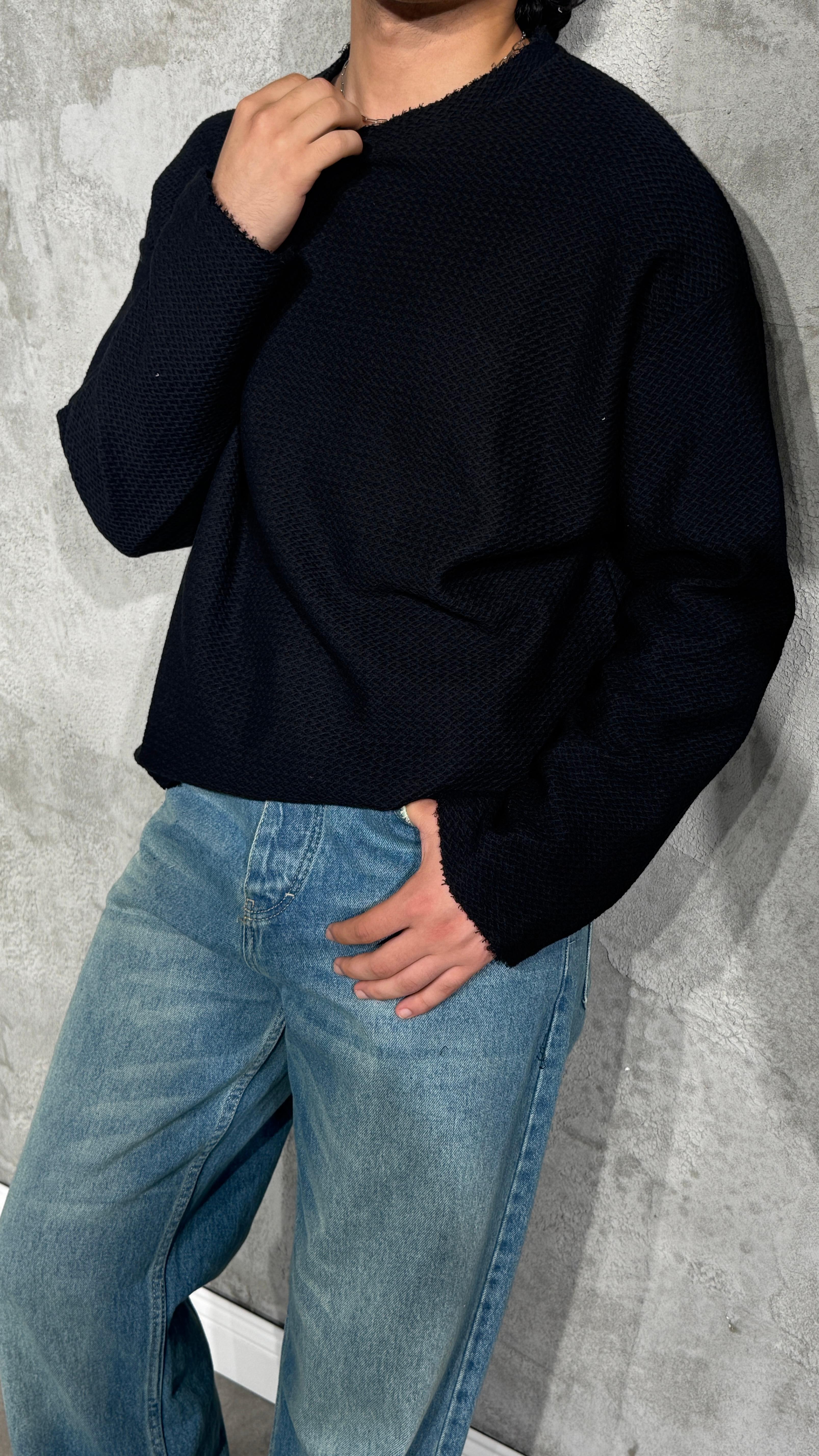 Erkek Oversize Crop Kesim Desenli Uzun Kol Tişört