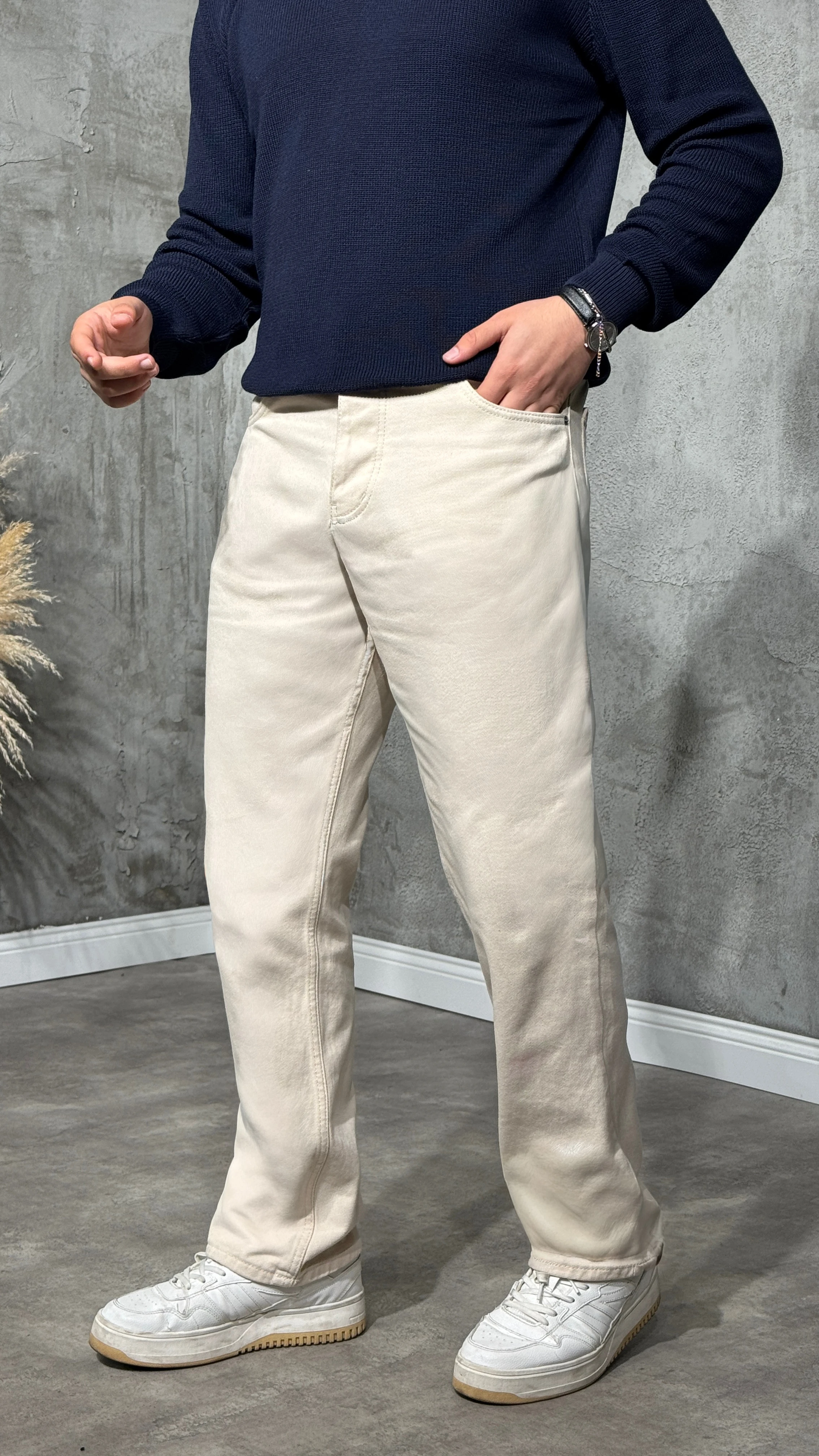 Erkek Yüksek Bel Baggy Kot Pantolon - Krem