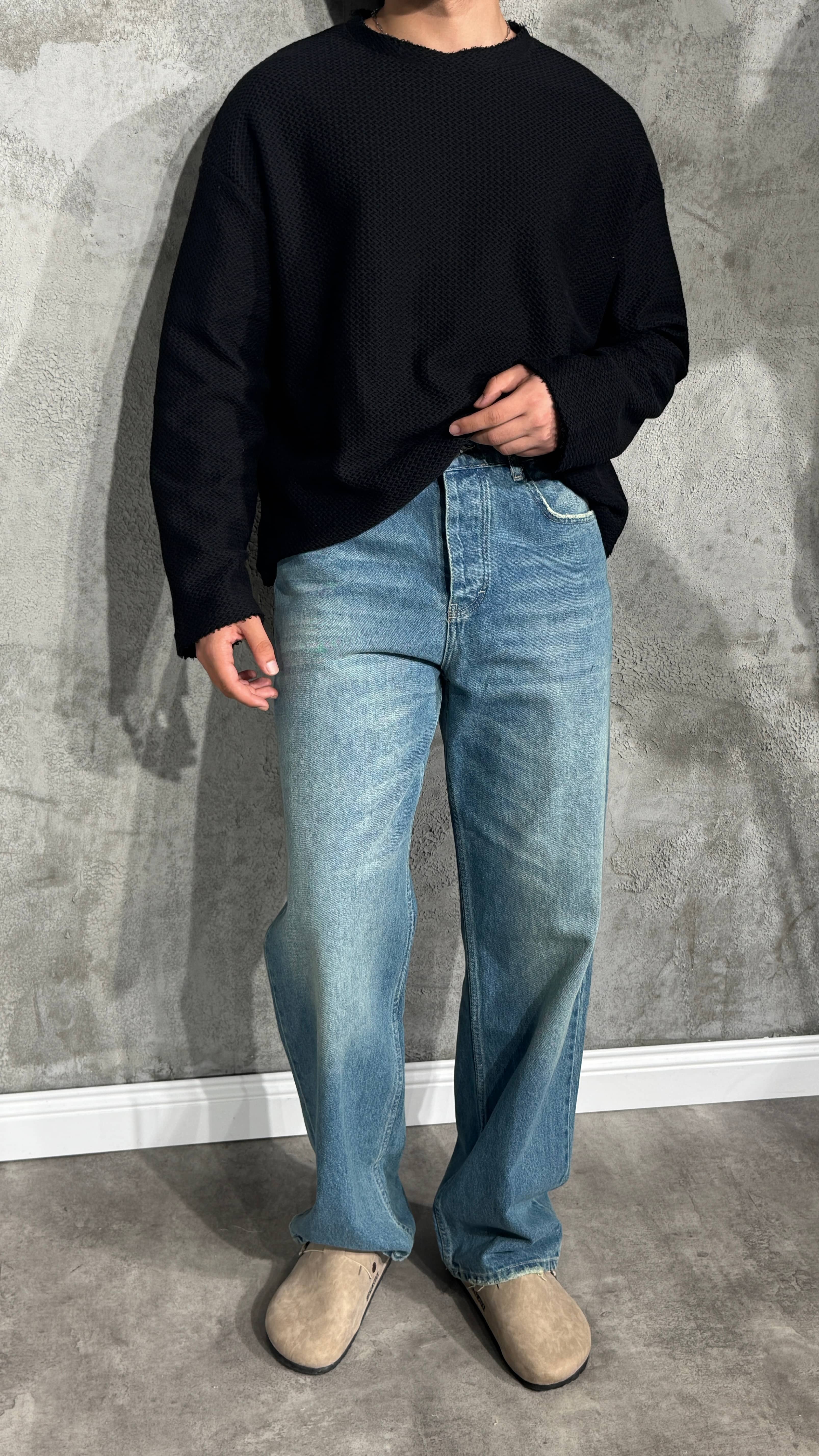 Erkek Oversize Crop Kesim Desenli Uzun Kol Tişört