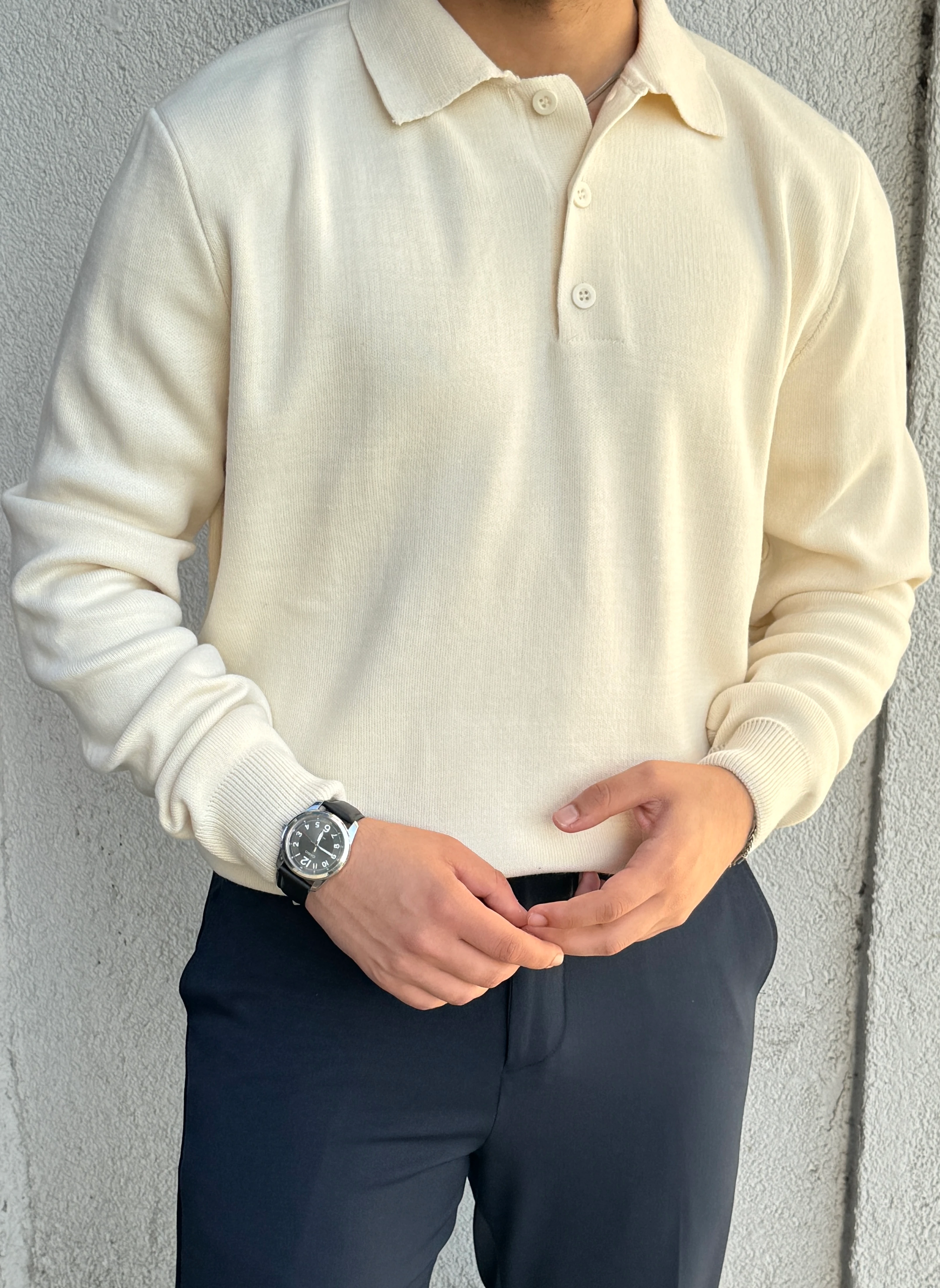 Erkek Premium Kalite Düğmeli Krem Triko Kazak