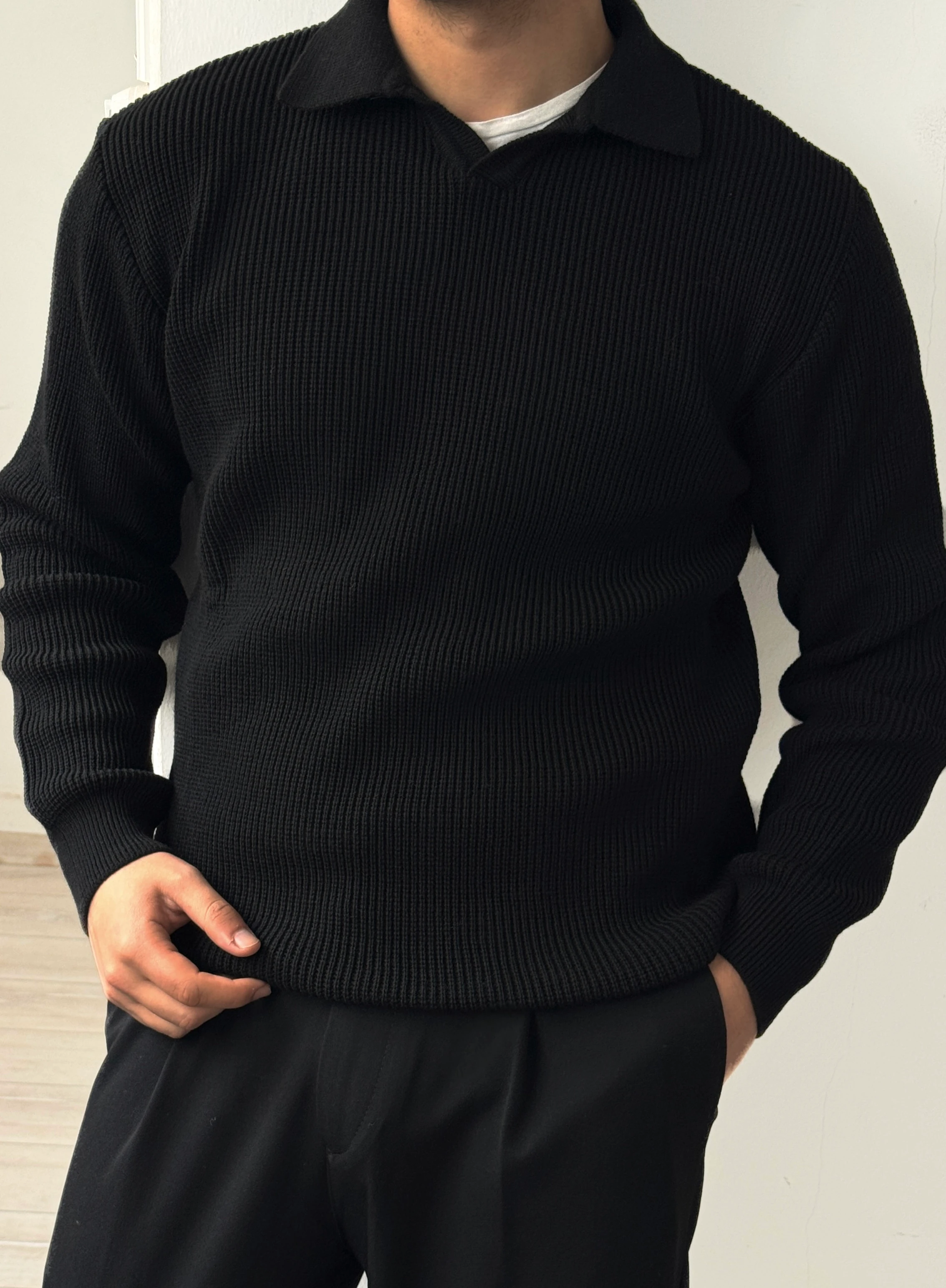 Erkek Regular Polo Yaka Kazak - Siyah