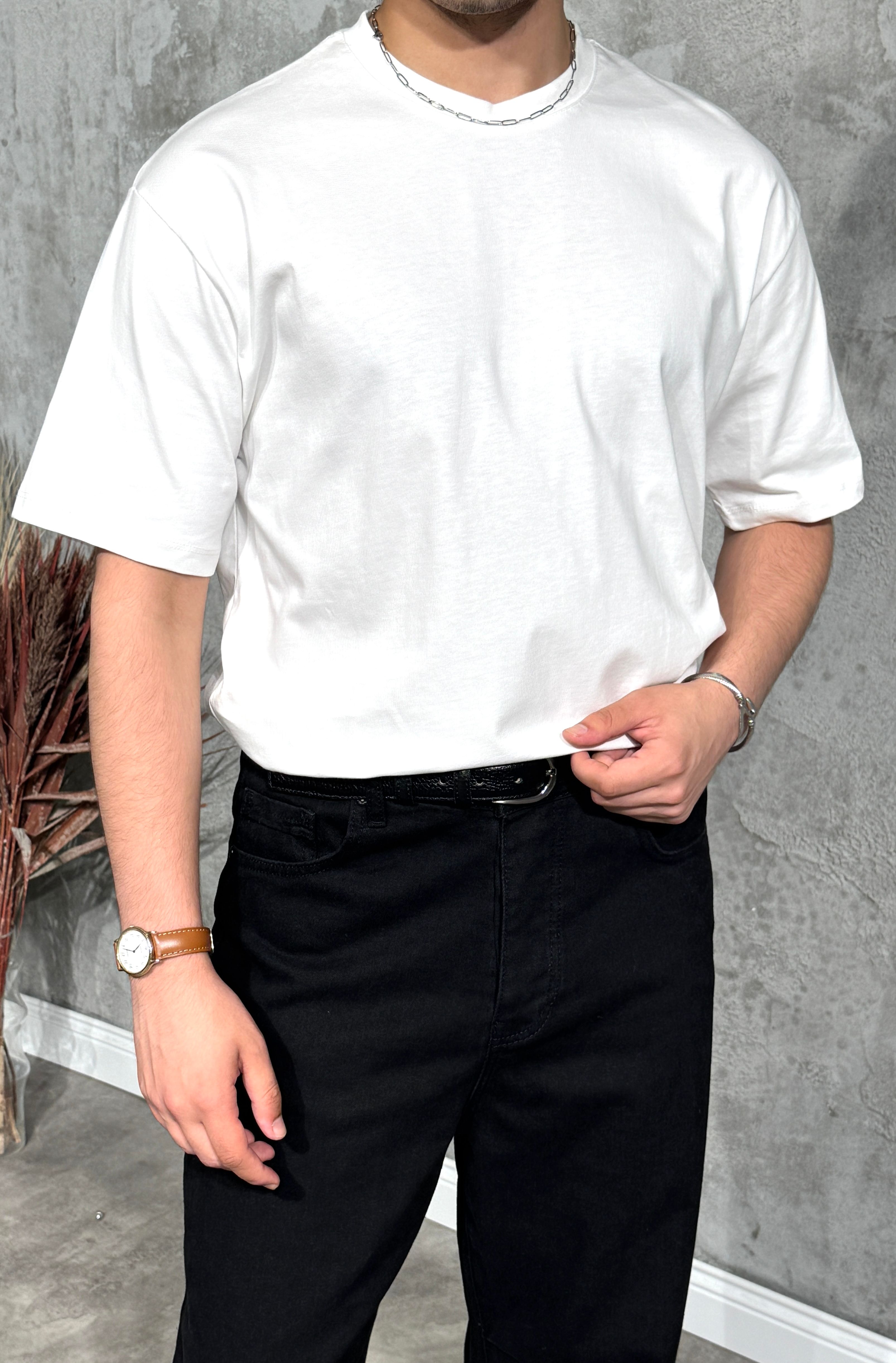 Erkek Oversize %100 Pamuk Beyaz Basic Tişört
