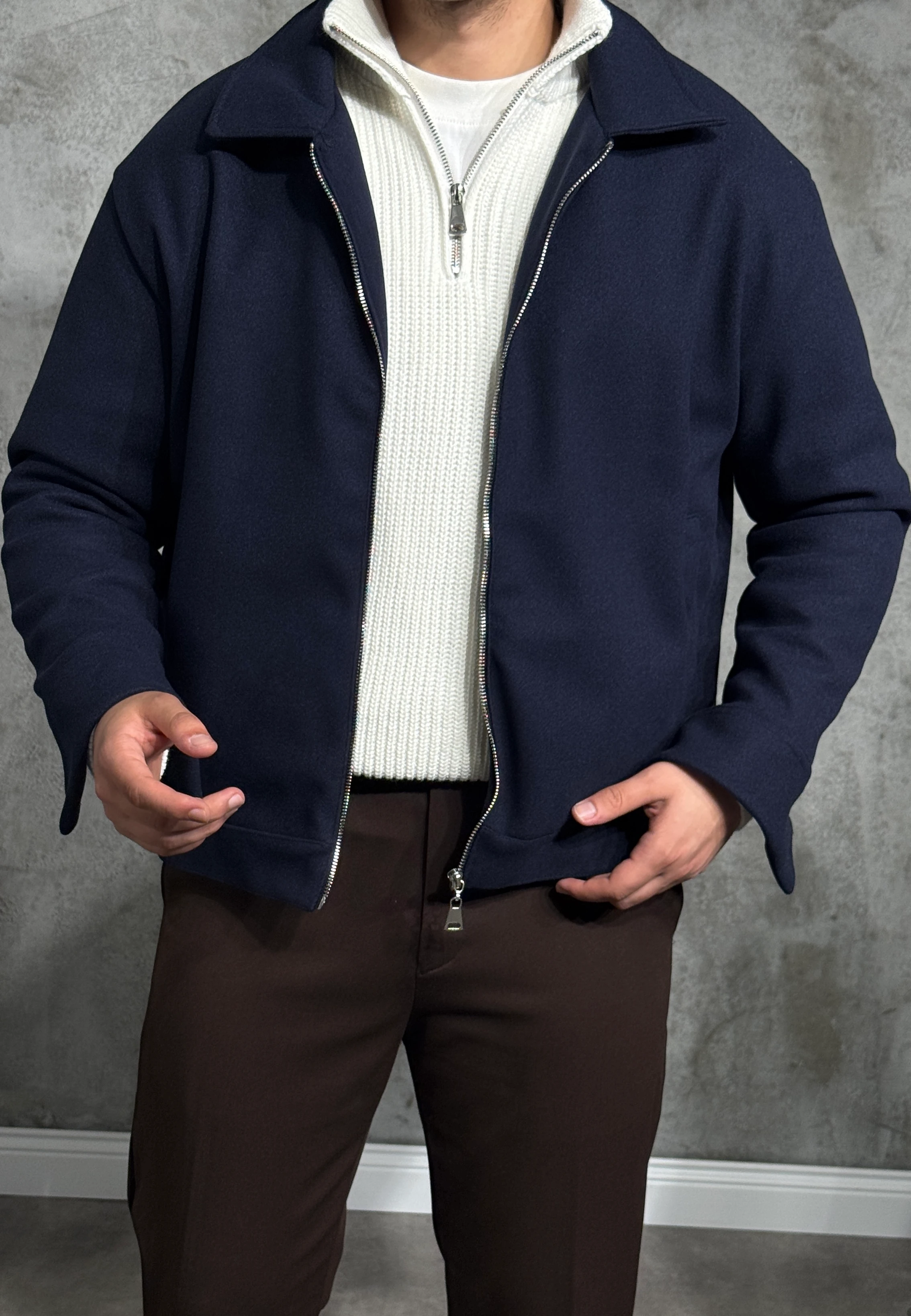 Erkek Fermuarlı Kaşe Ceket - Lacivert