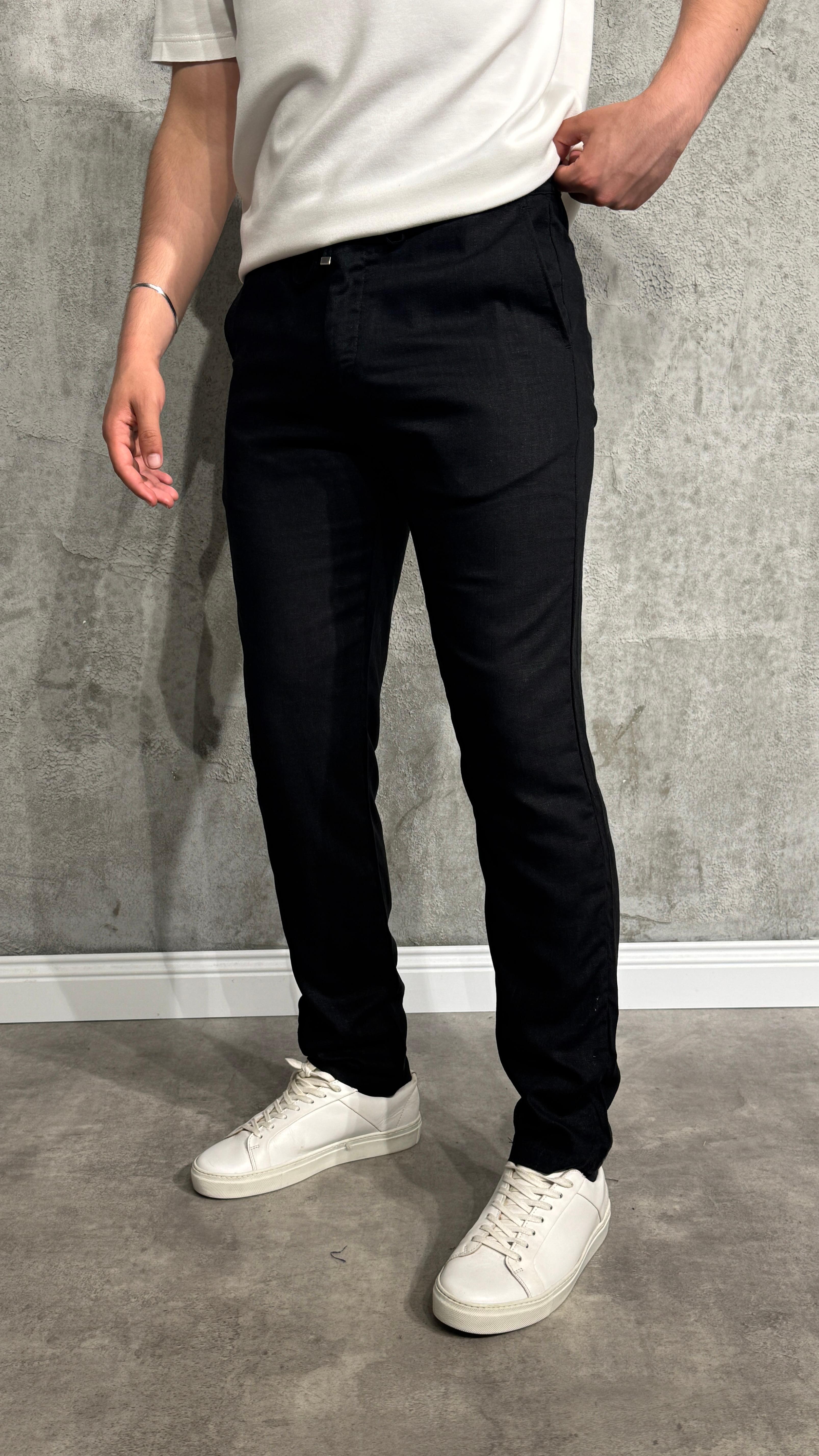 Boyfriend Slim Keten Pantolon  - Siyah