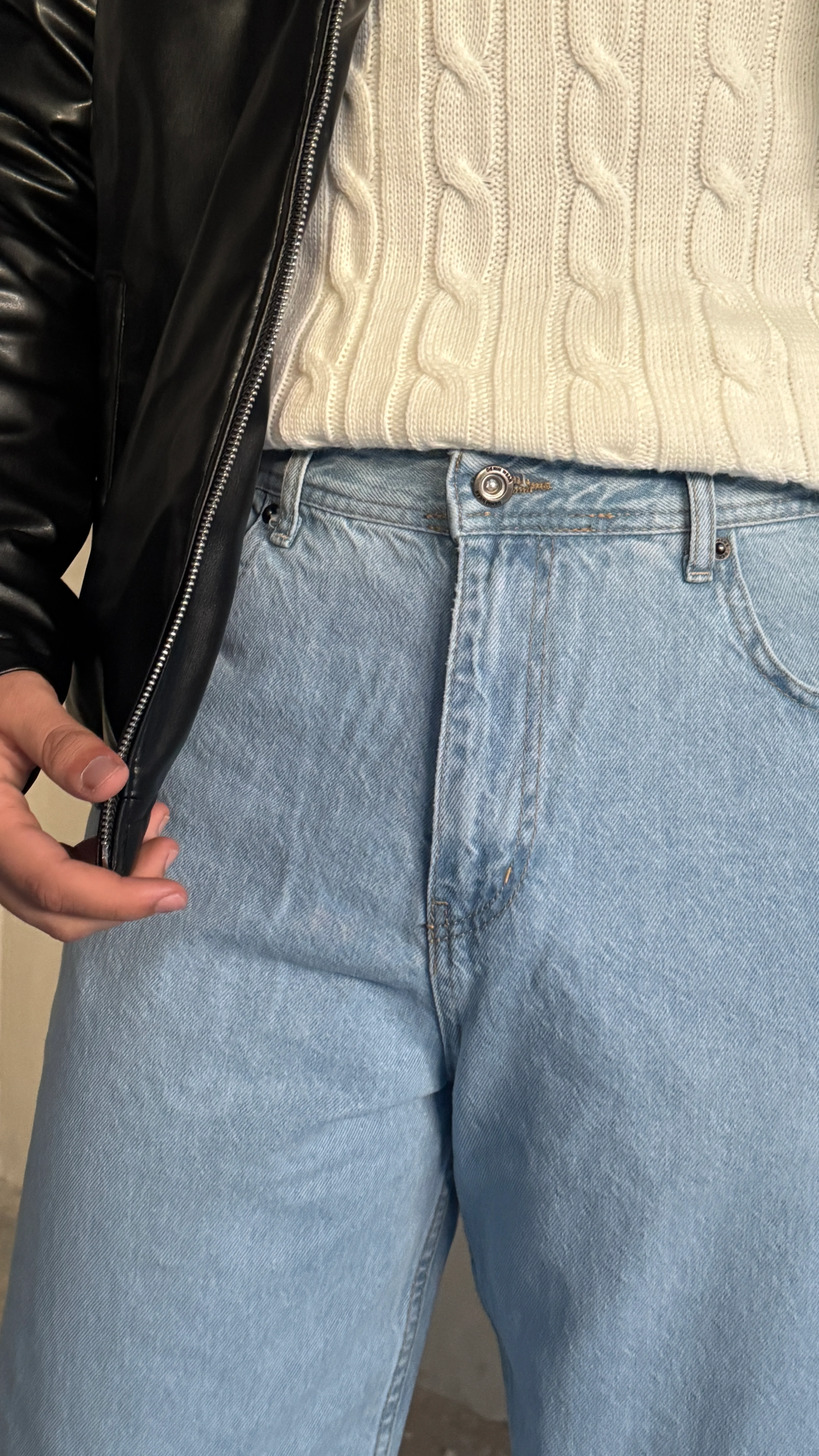 Erkek Yüksek Bel Buz Mavi Baggy Kot Pantolon