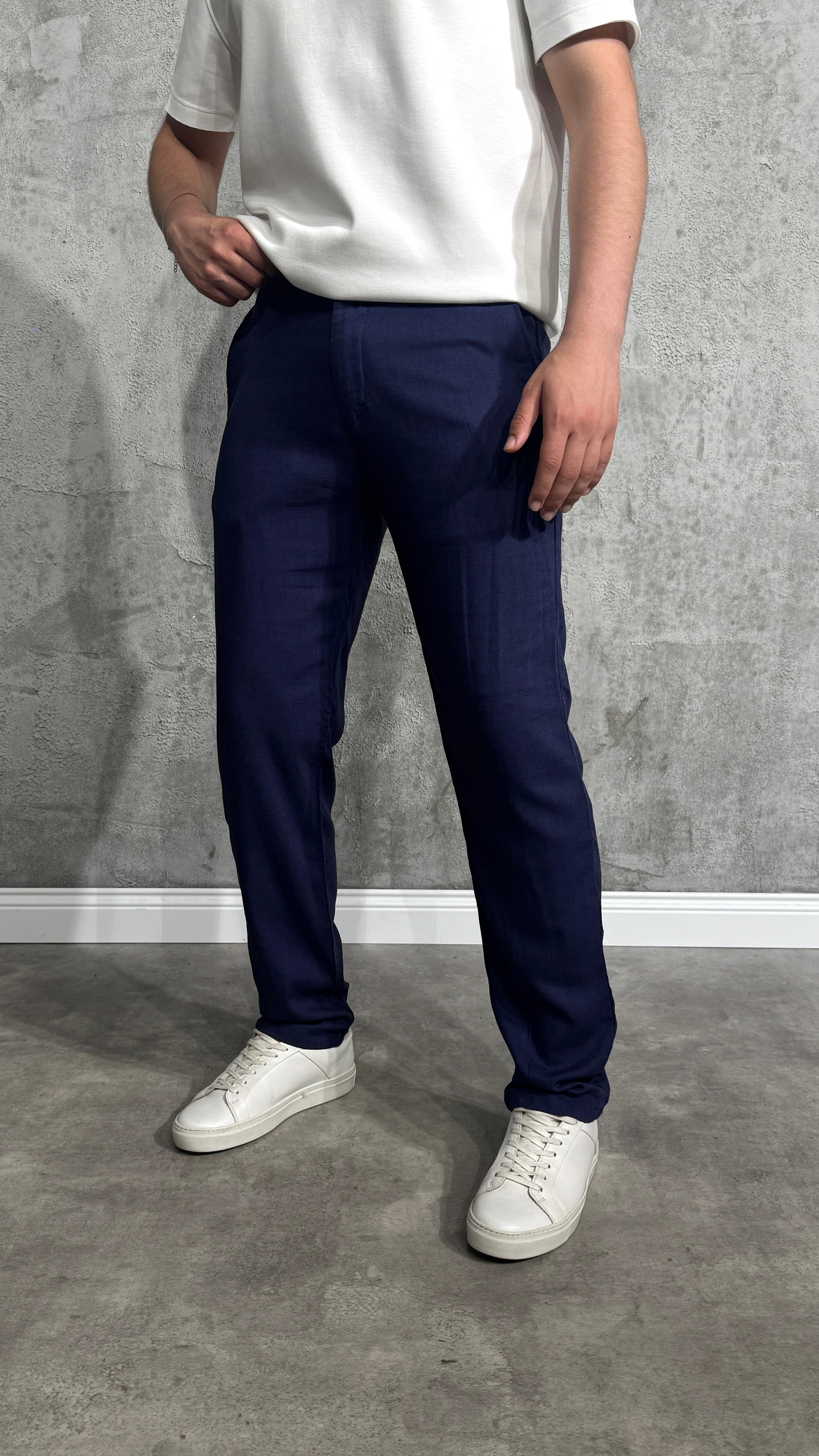 Boyfriend Slim Keten Pantolon  - Koyu Lacivert