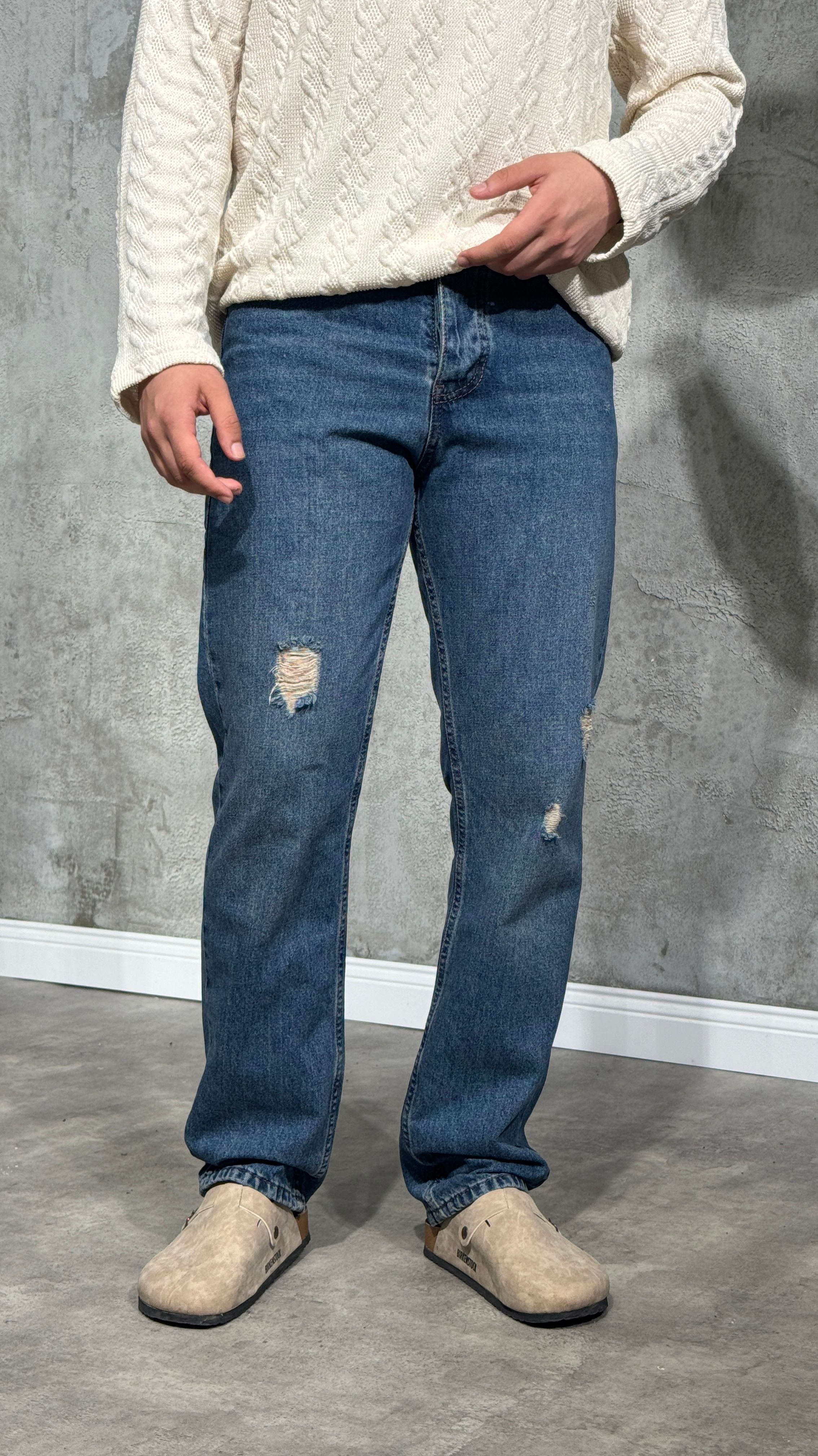 Erkek Regular Fit Yırtıklı Mavi Kot Pantolon