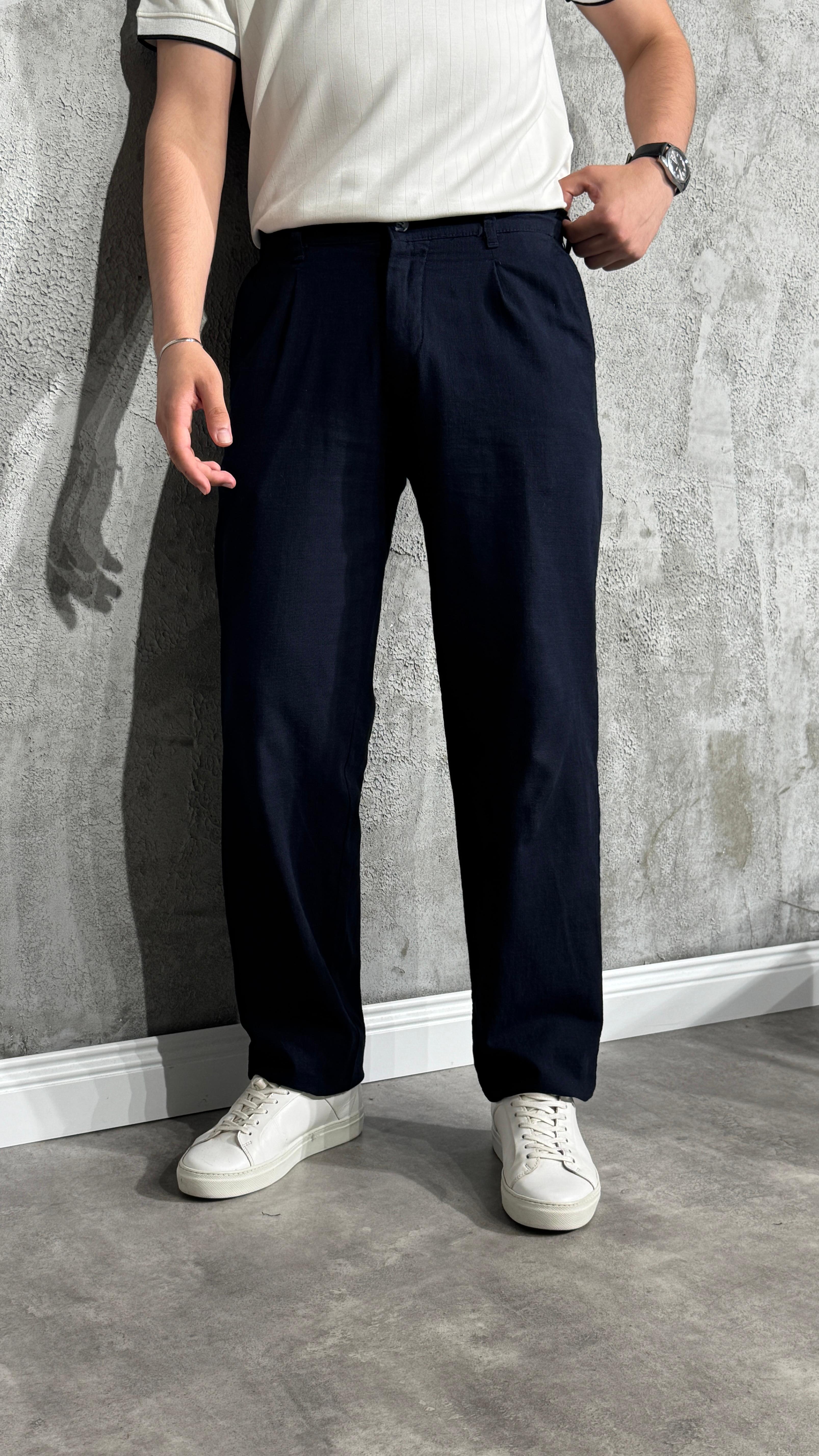 Pileli Baggy Keten Pantolon - Lacivert