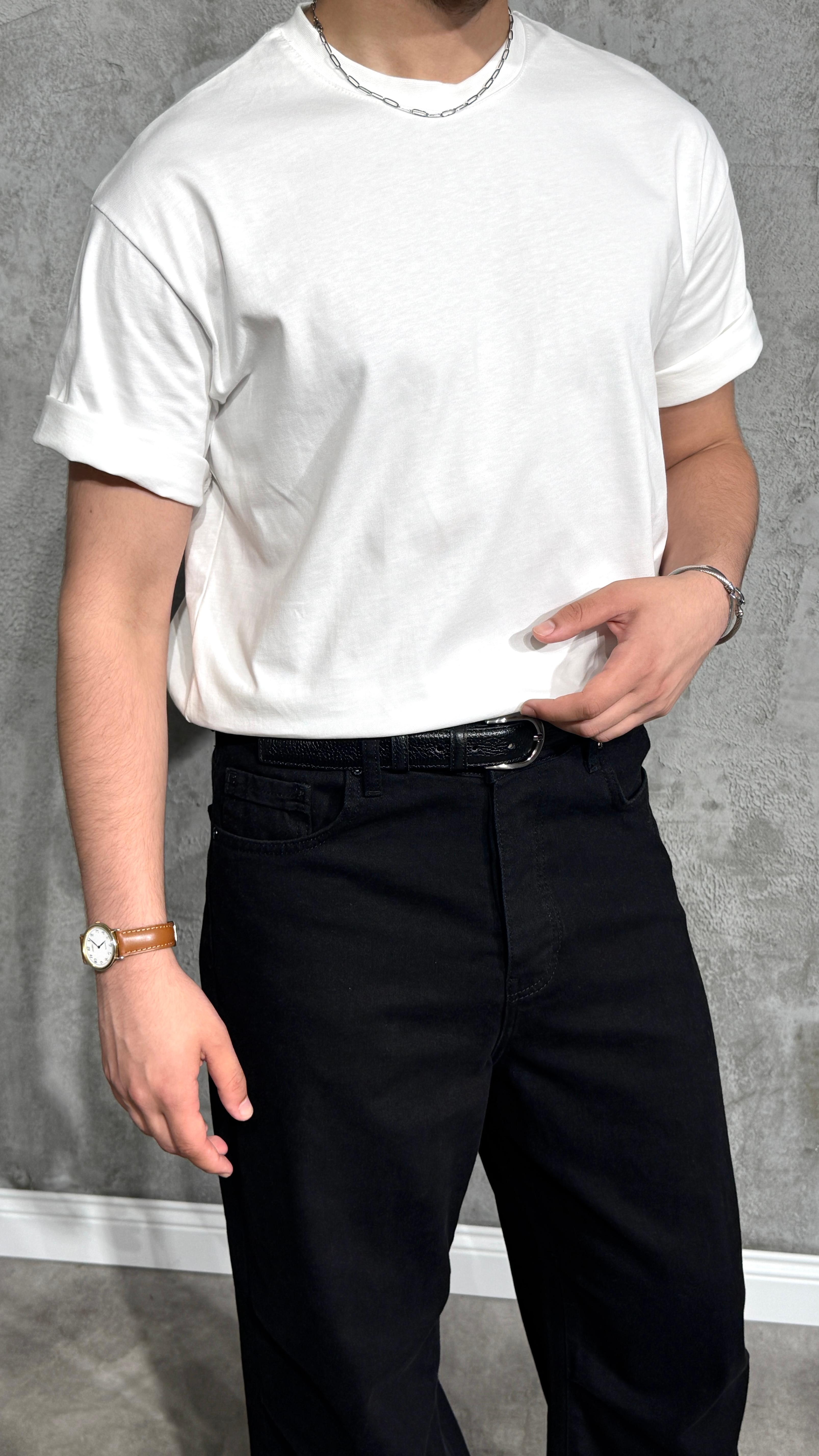 Erkek Oversize %100 Pamuk Beyaz Basic Tişört