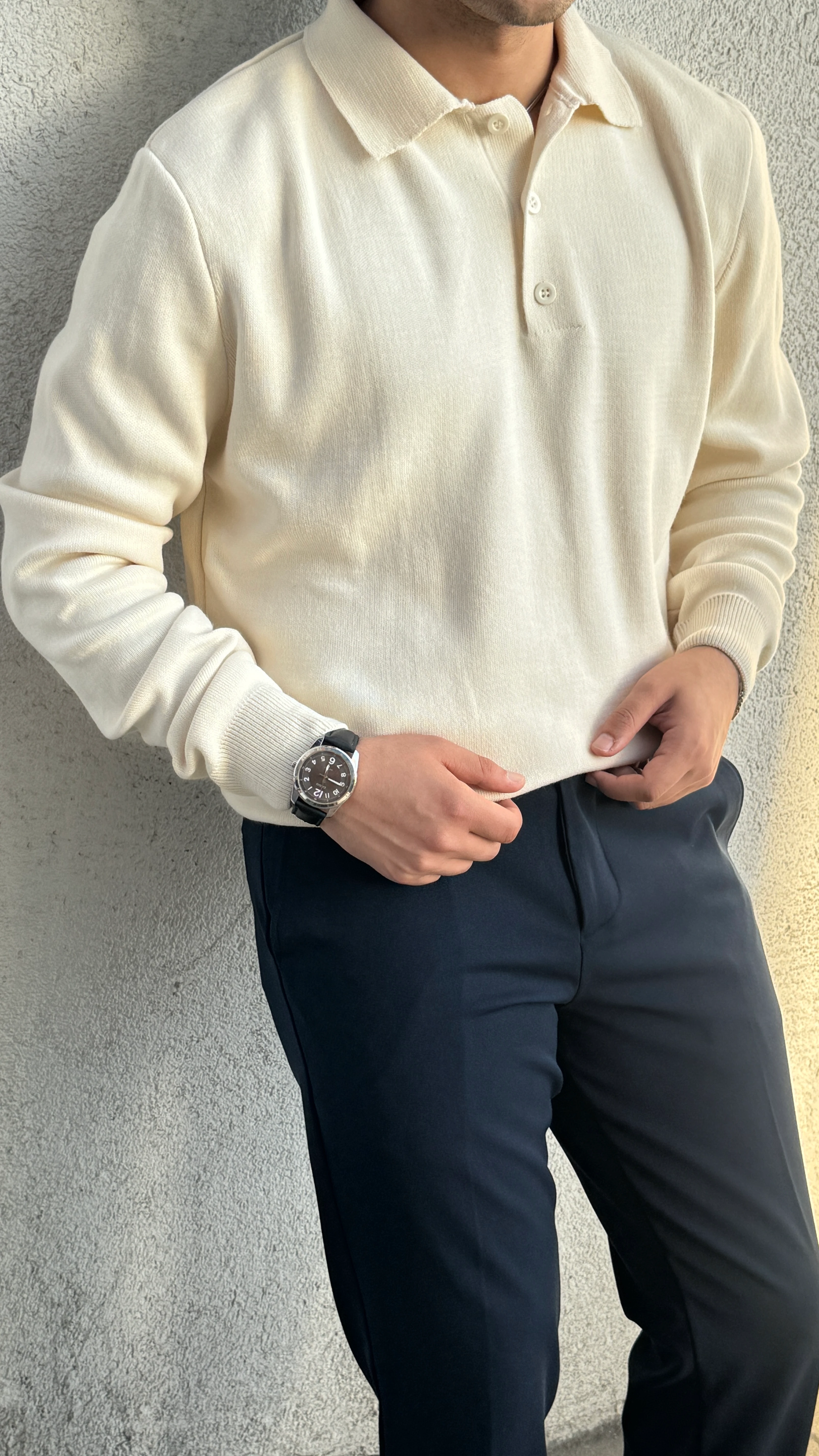 Erkek Premium Kalite Düğmeli Krem Triko Kazak