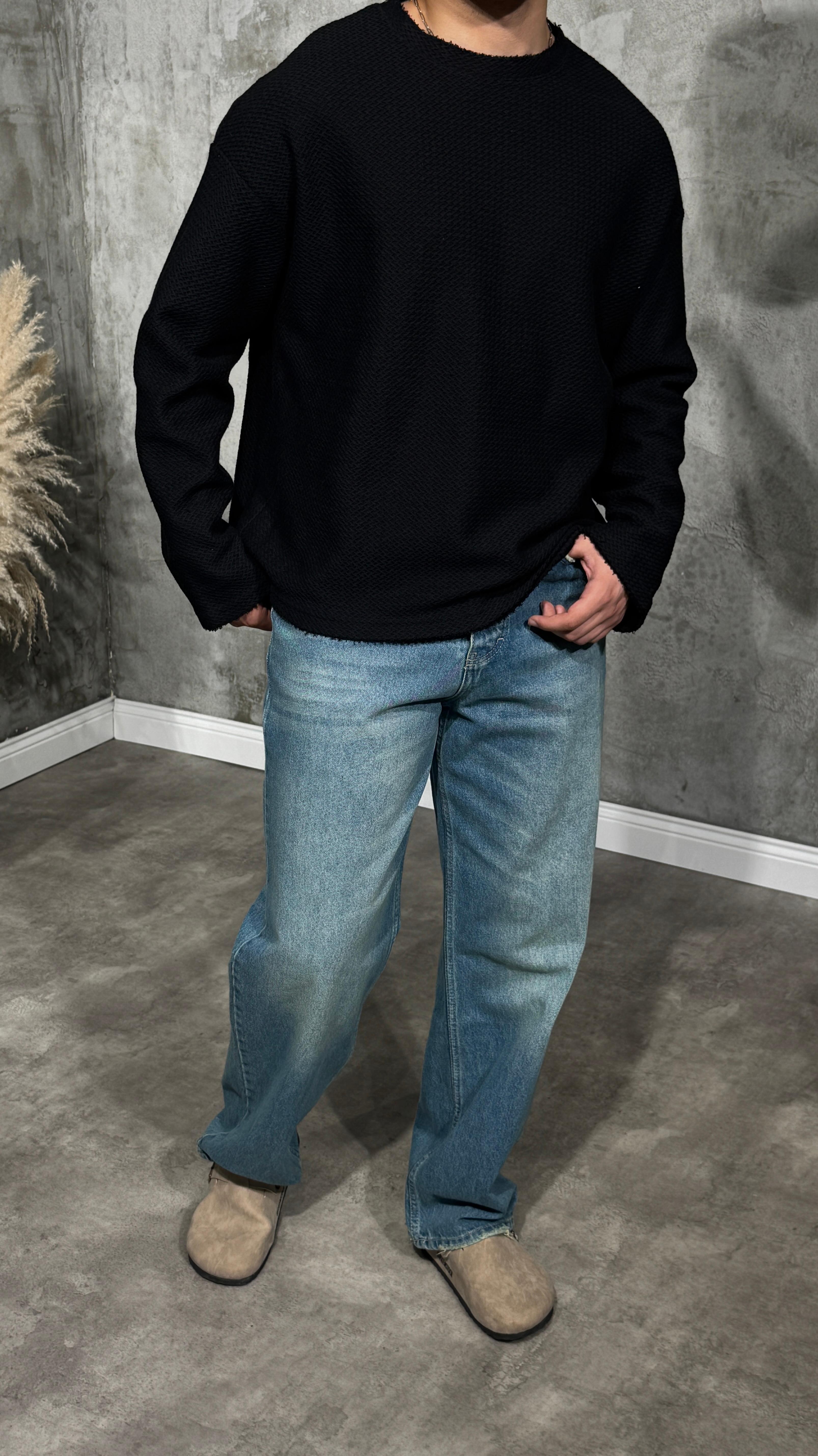 Erkek Oversize Crop Kesim Desenli Uzun Kol Tişört
