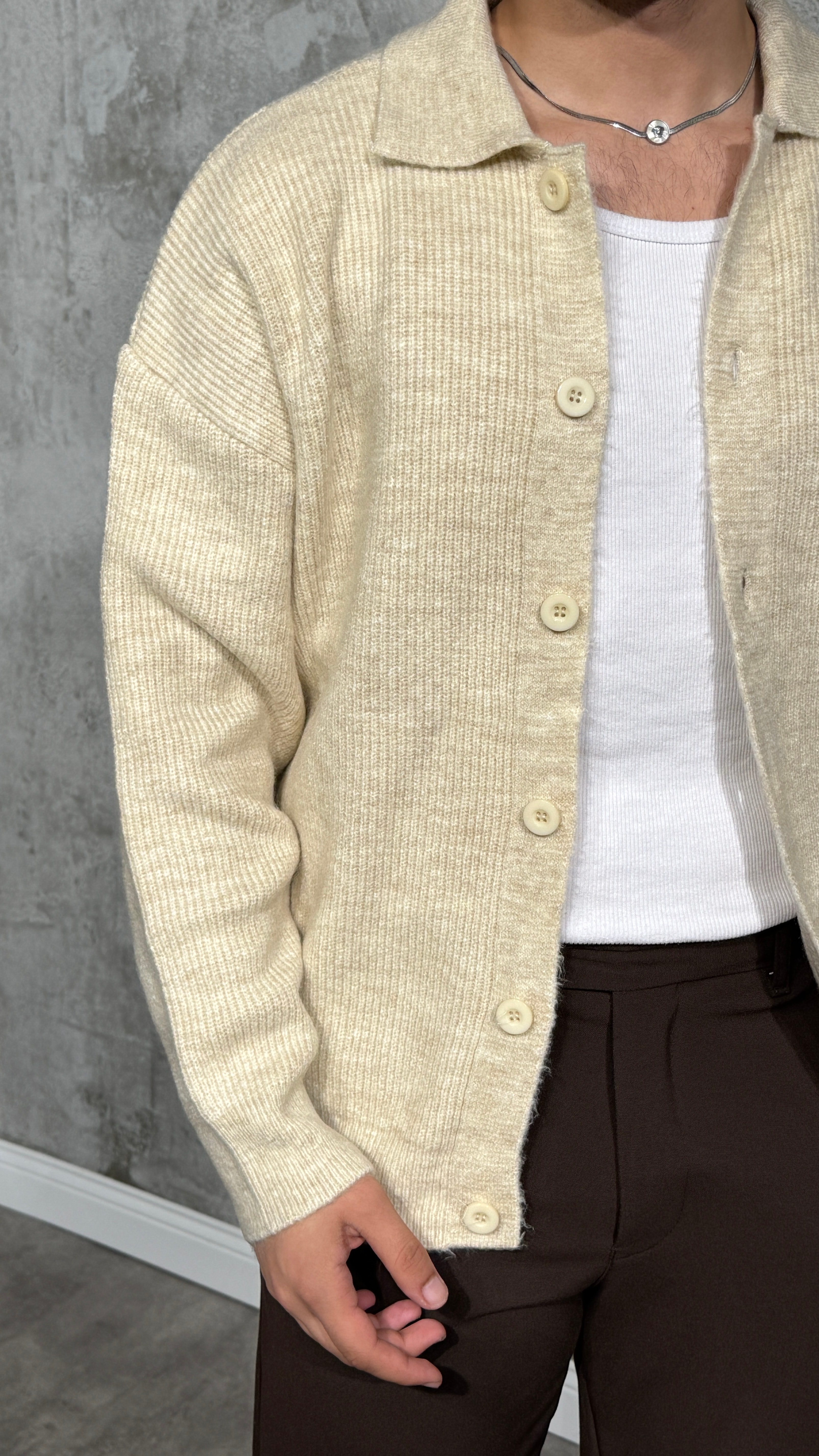 Erkek Oversize Premium Düğmeli Hırka - Krem