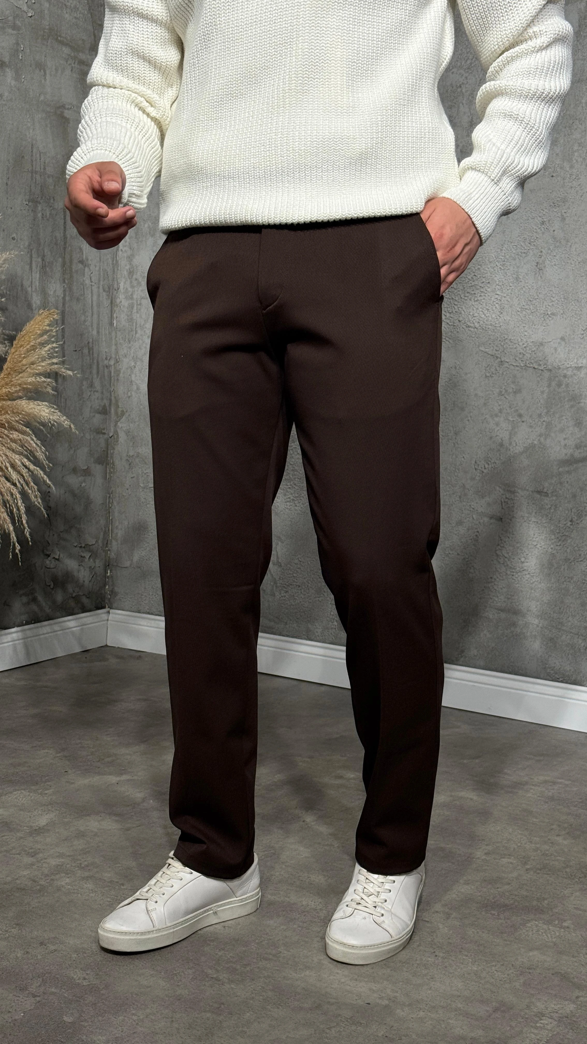 Erkek Tam Kalıp Slim Fit Kumaş Premium Pantolon - Kahverengi