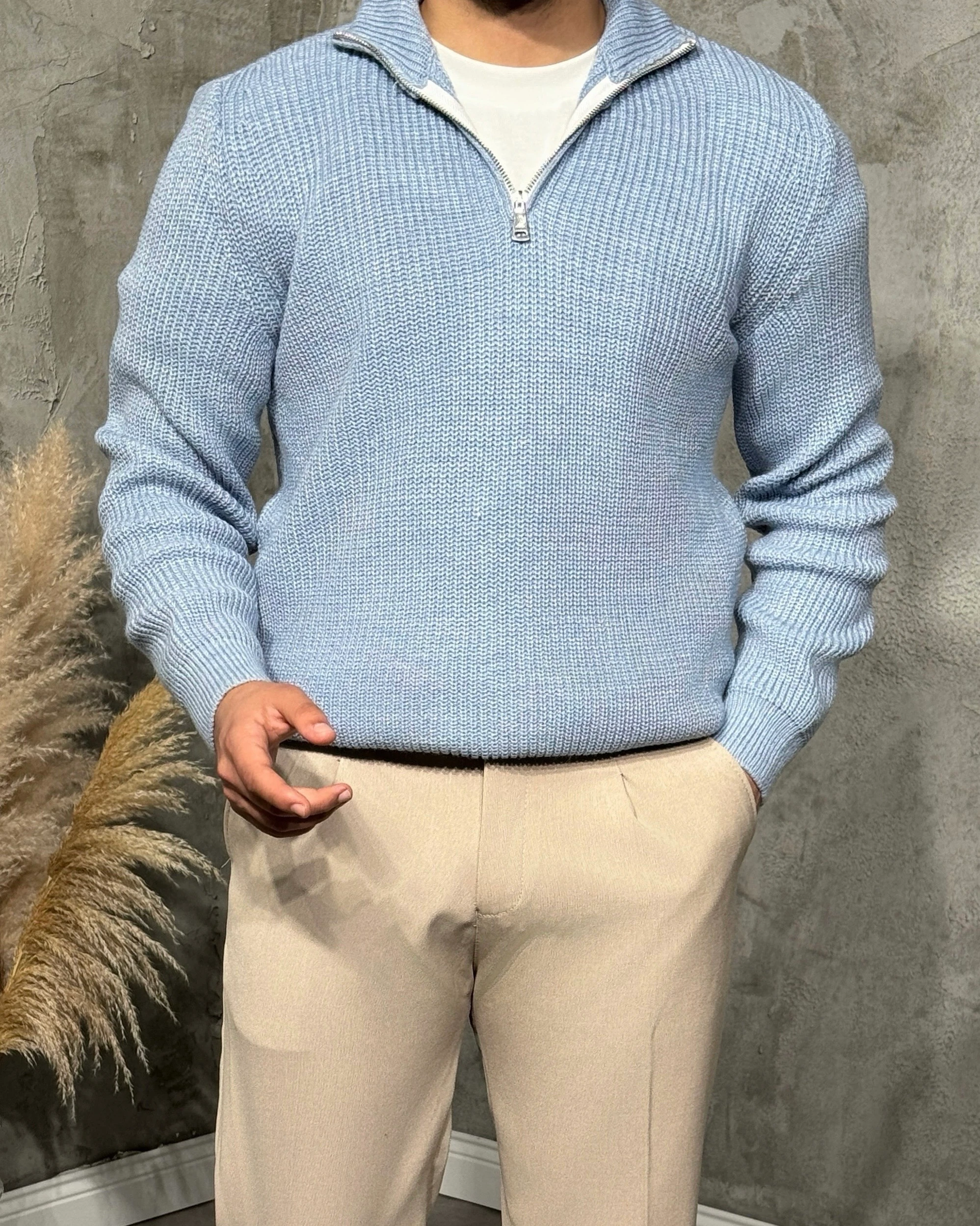 Erkek Yarım Fermuarlı Tok Kazak - Açık Mavi