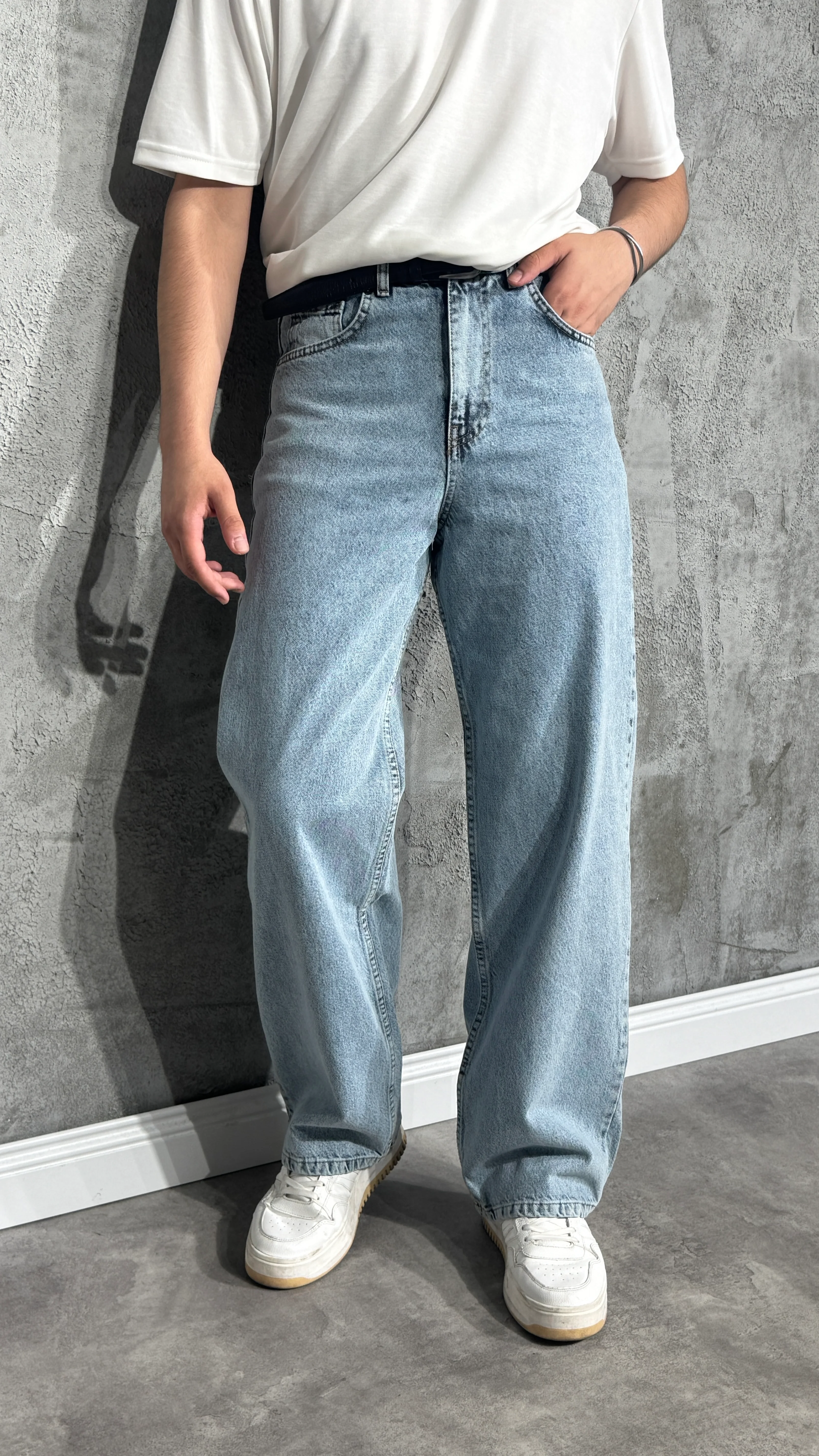 Erkek Yüksek Bel Baggy Kot Pantolon