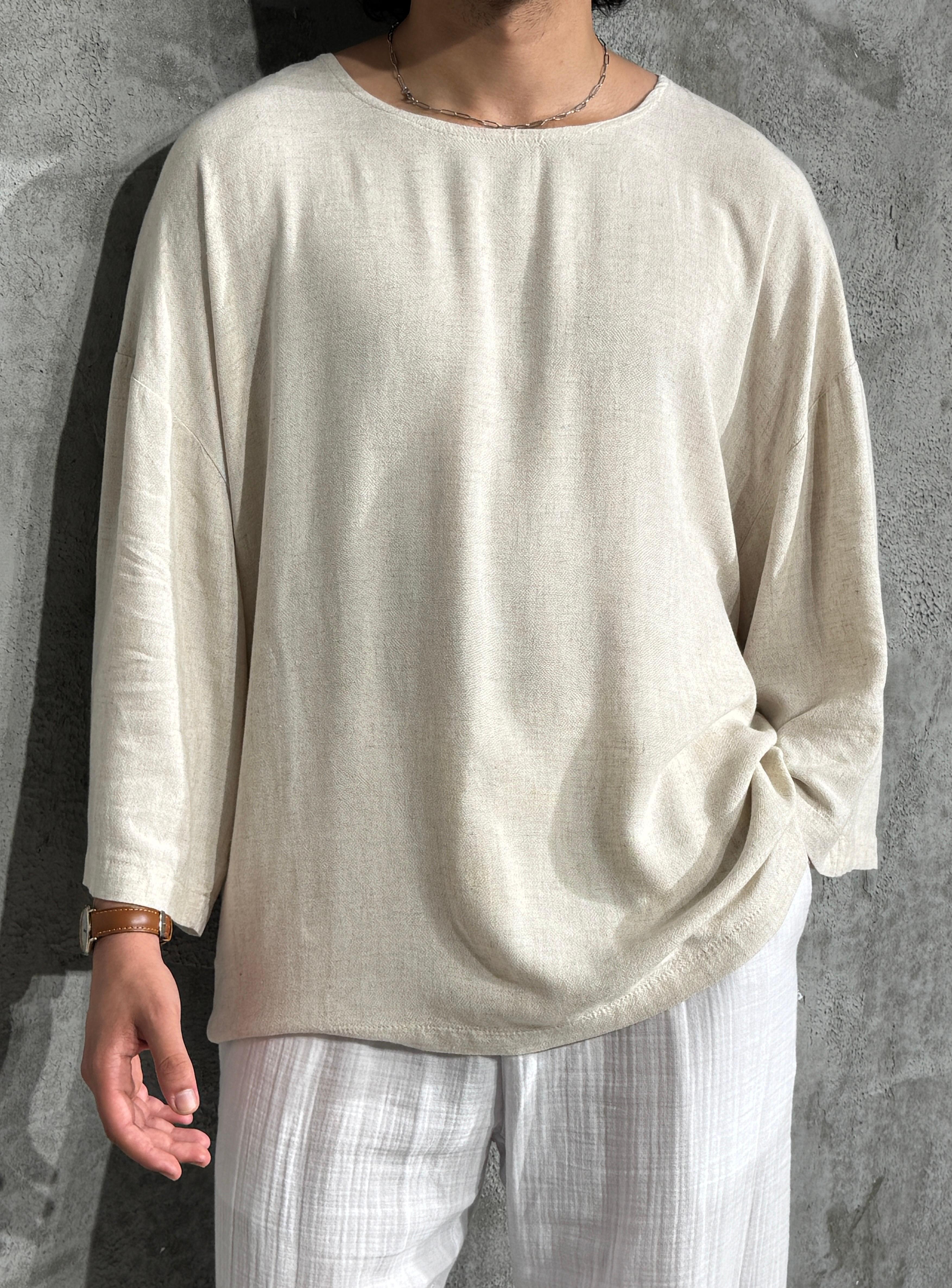 Oversize Keten Fakir Kol Tişört - Krem