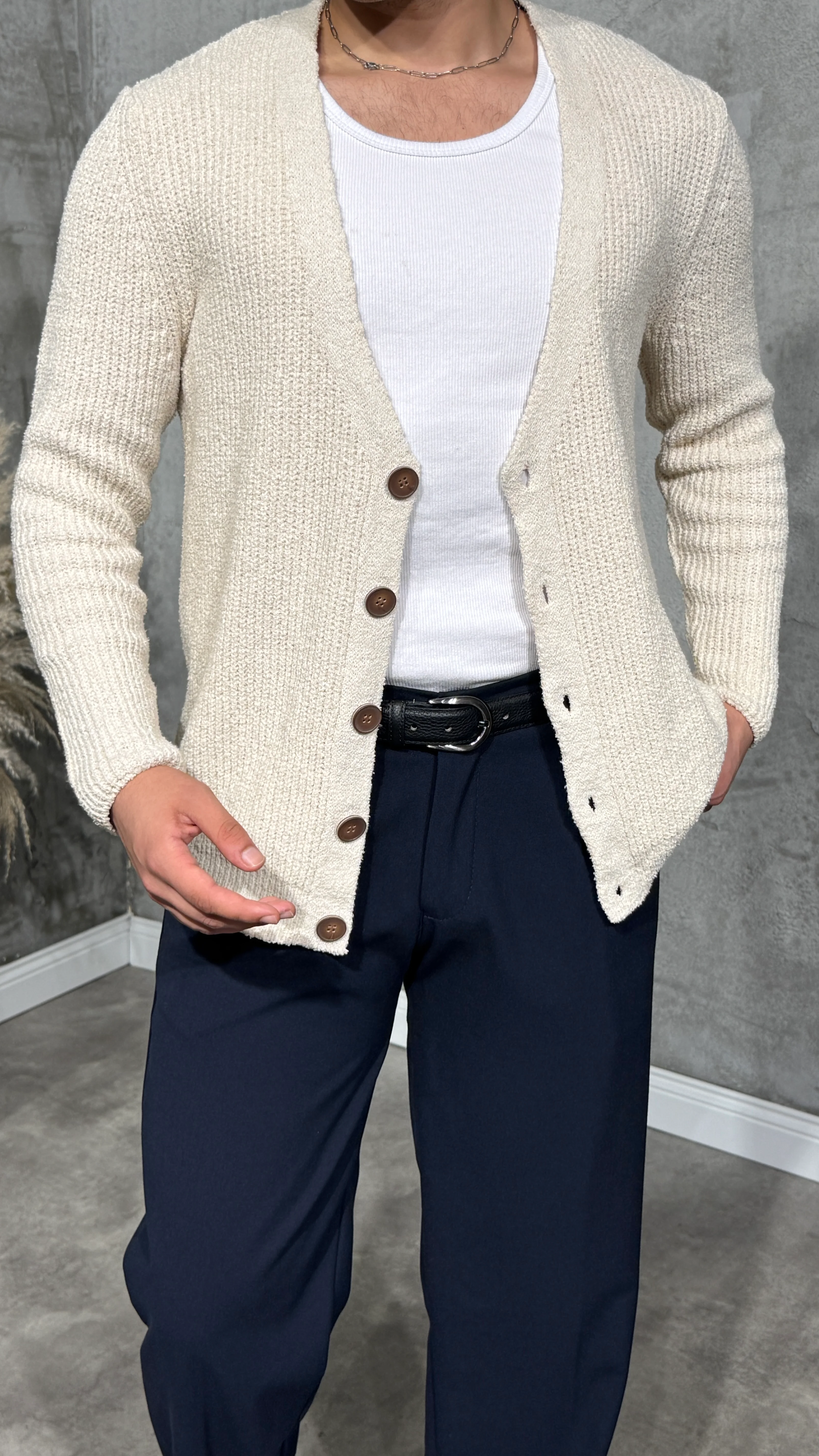 Erkek Premium Fit Kesim Düğmeli Hırka