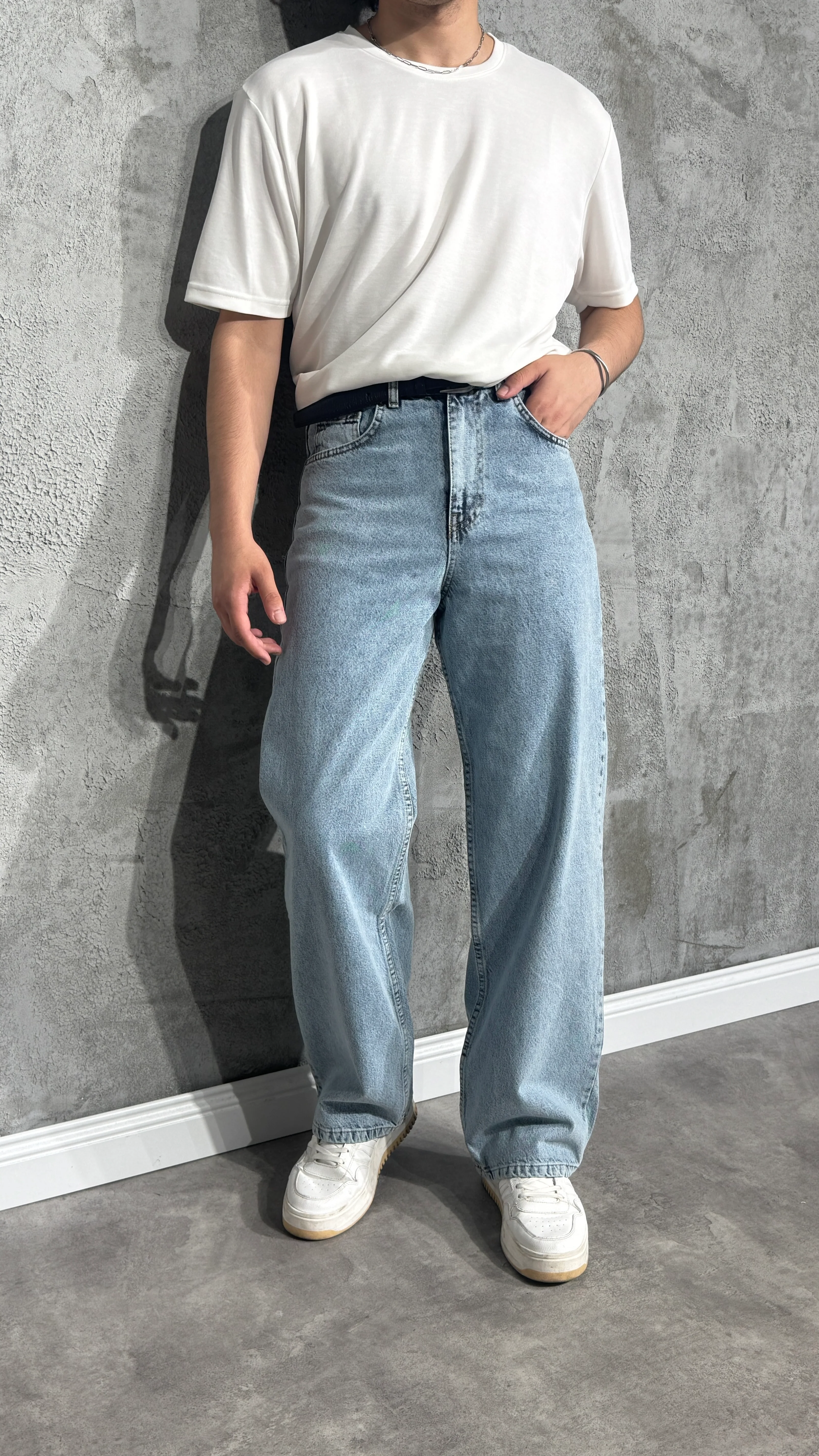 Erkek Yüksek Bel Baggy Kot Pantolon