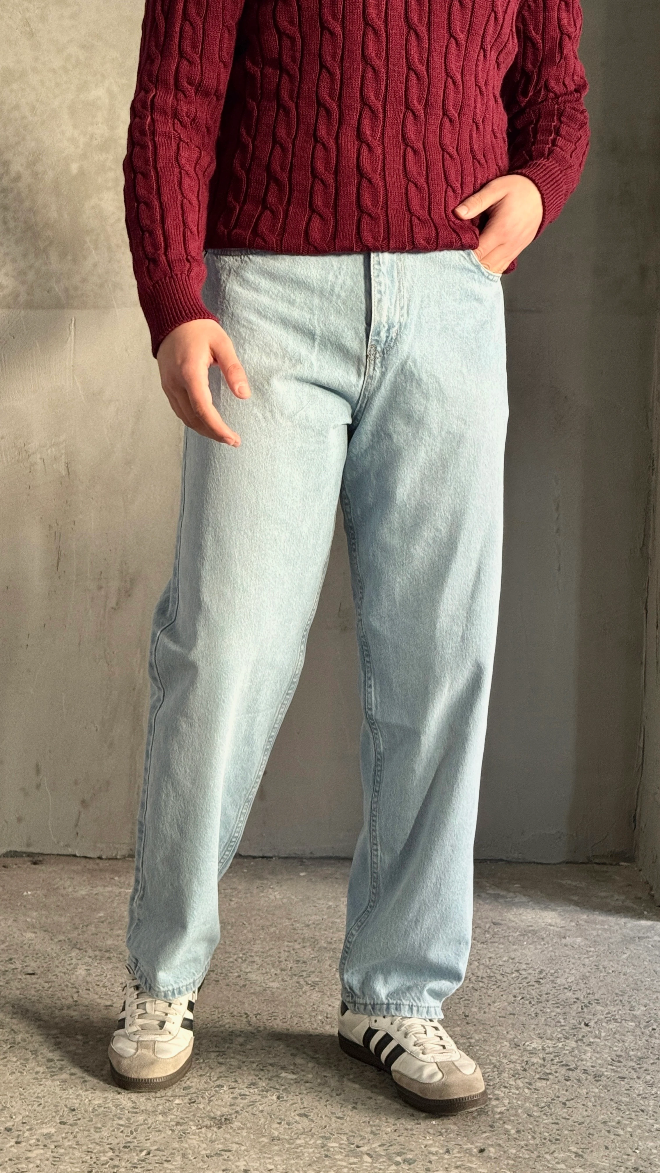 Erkek Yüksek Bel Buz Mavi Baggy Kot Pantolon