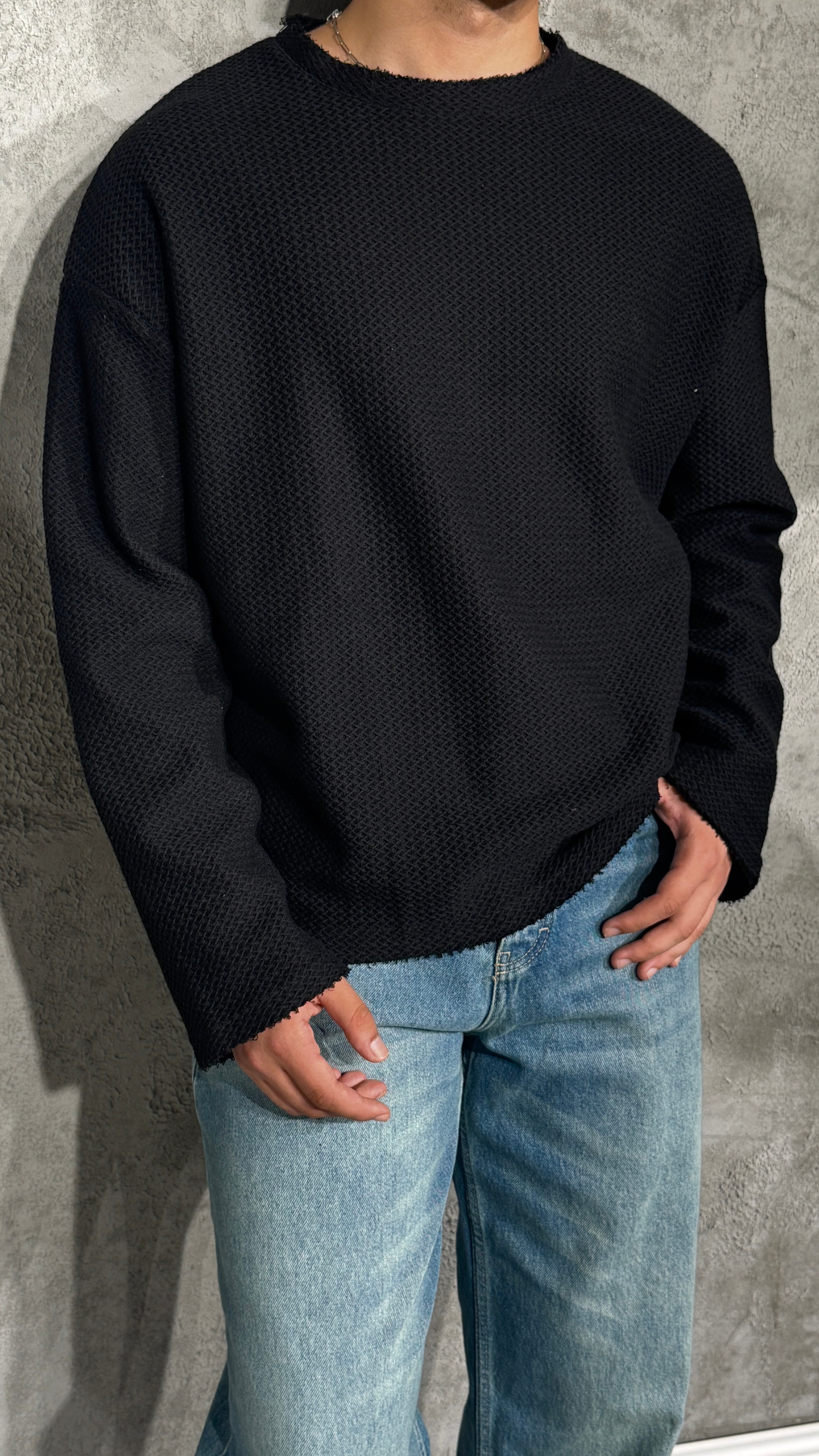 Erkek Oversize Crop Kesim Desenli Uzun Kol Tişört