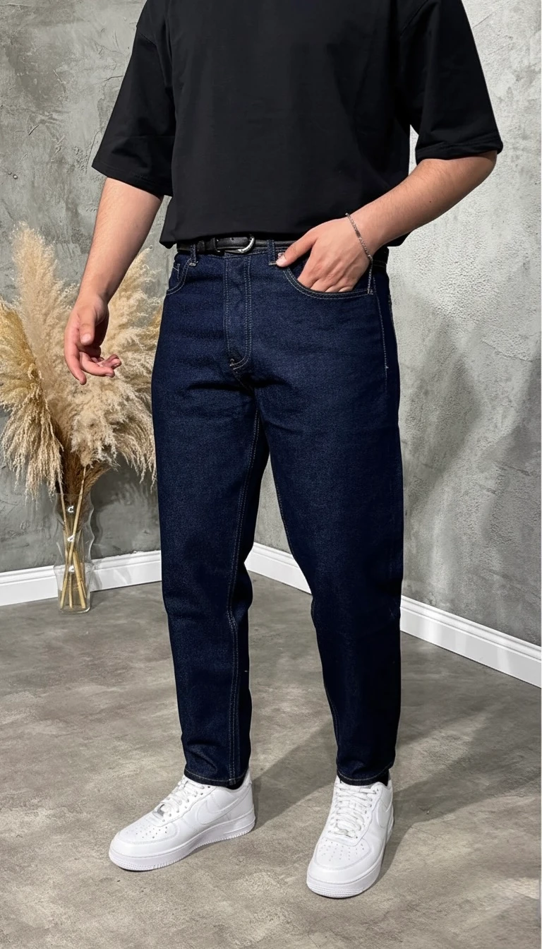 Erkek Yüksek Kalite Koyu Mavi Boyfriend Kesim Jean Pantolon