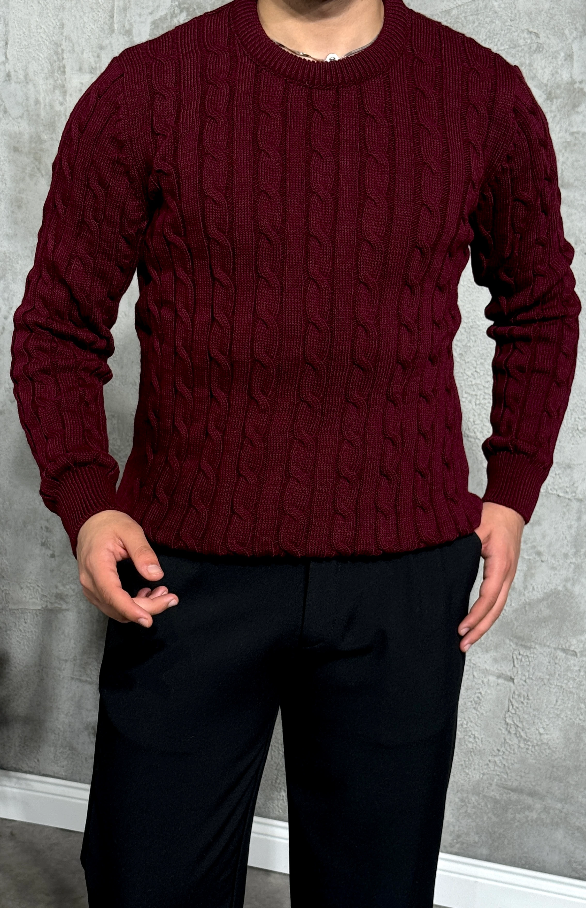 Erkek Bisiklet Yaka Desenli Fit Kazak - Bordo