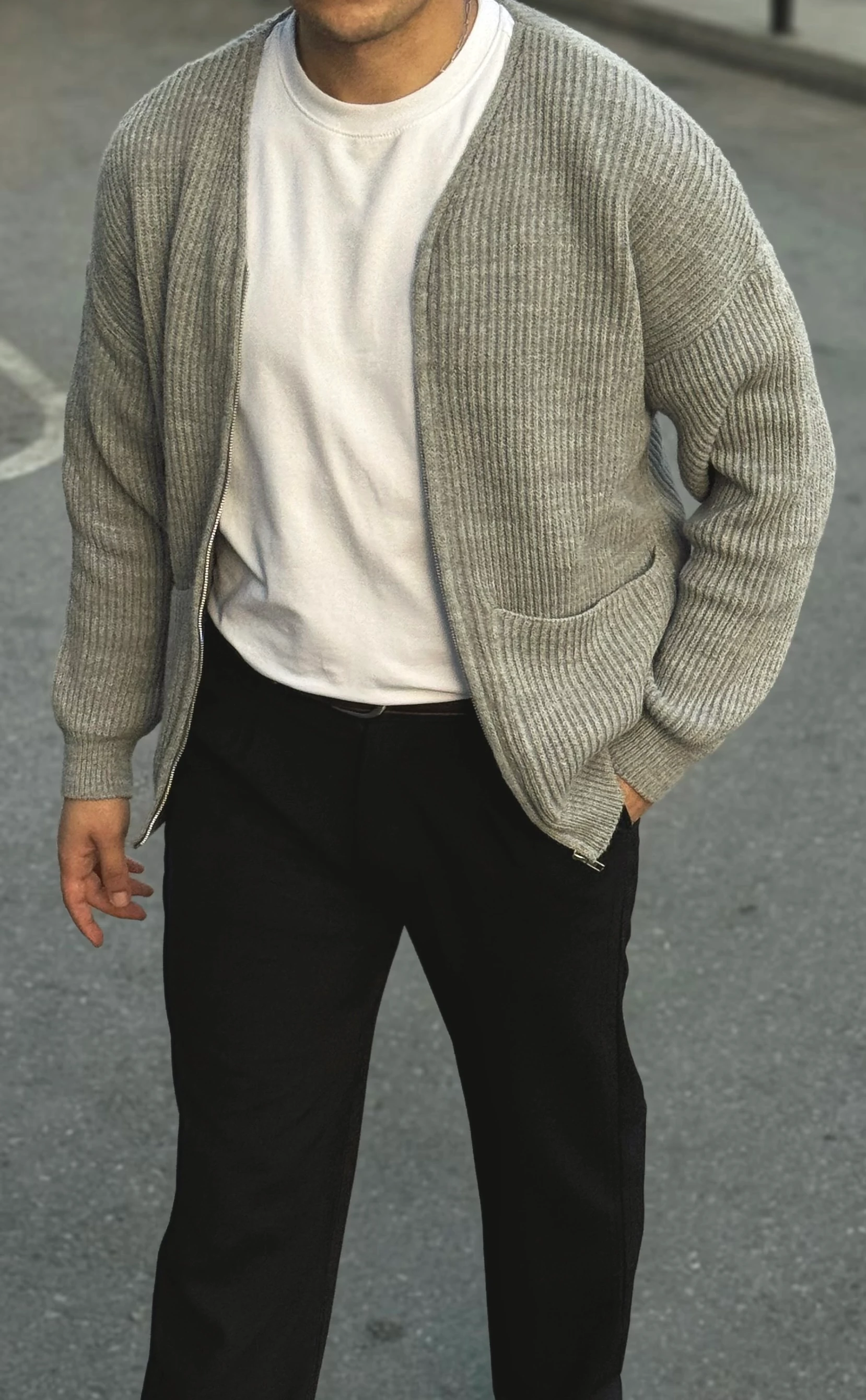 Erkek Old Money Fermuarlı Örgü Hırka Kazak - Gri