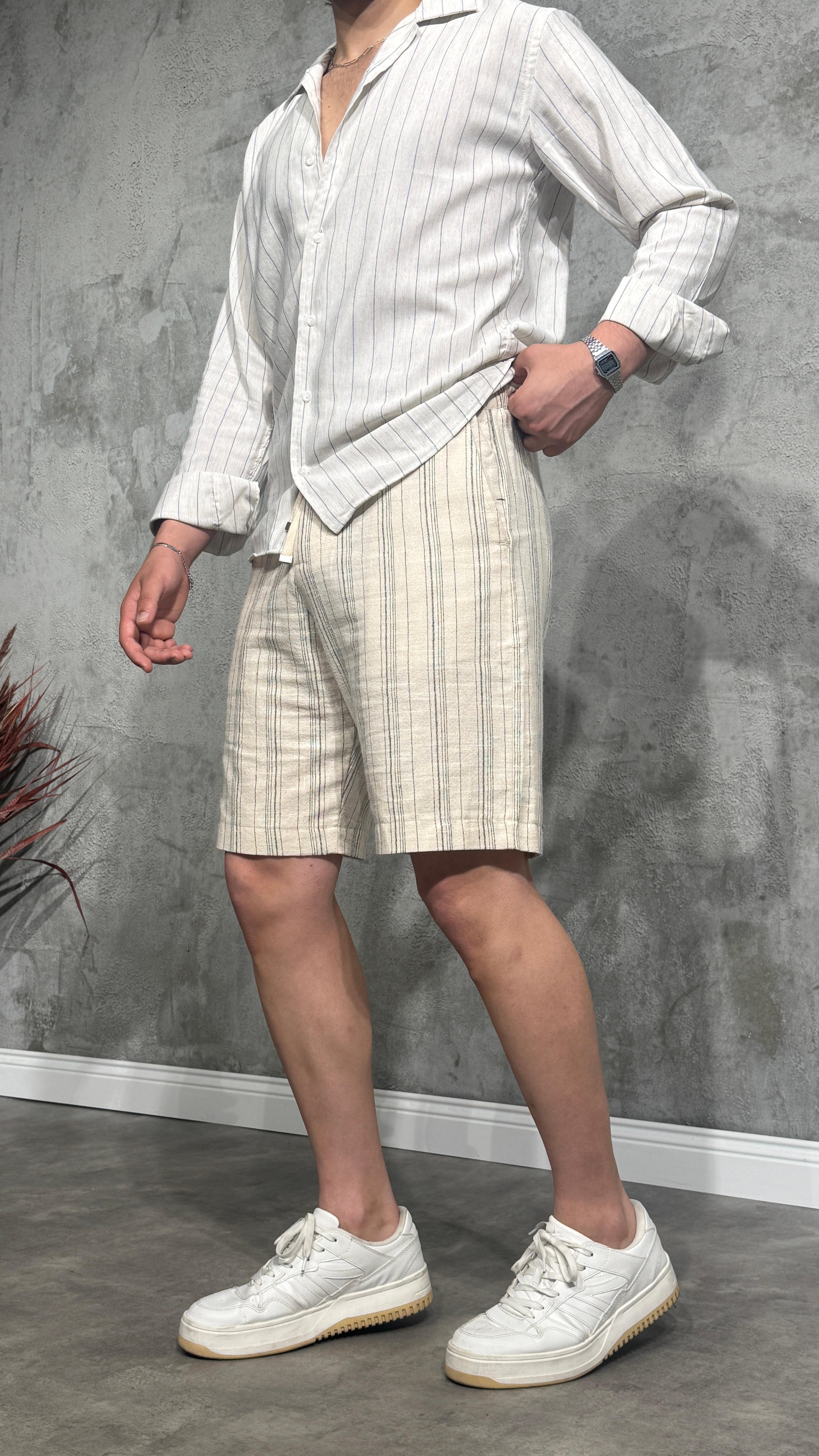 Çizgi Detaylı Baggy Keten Şort