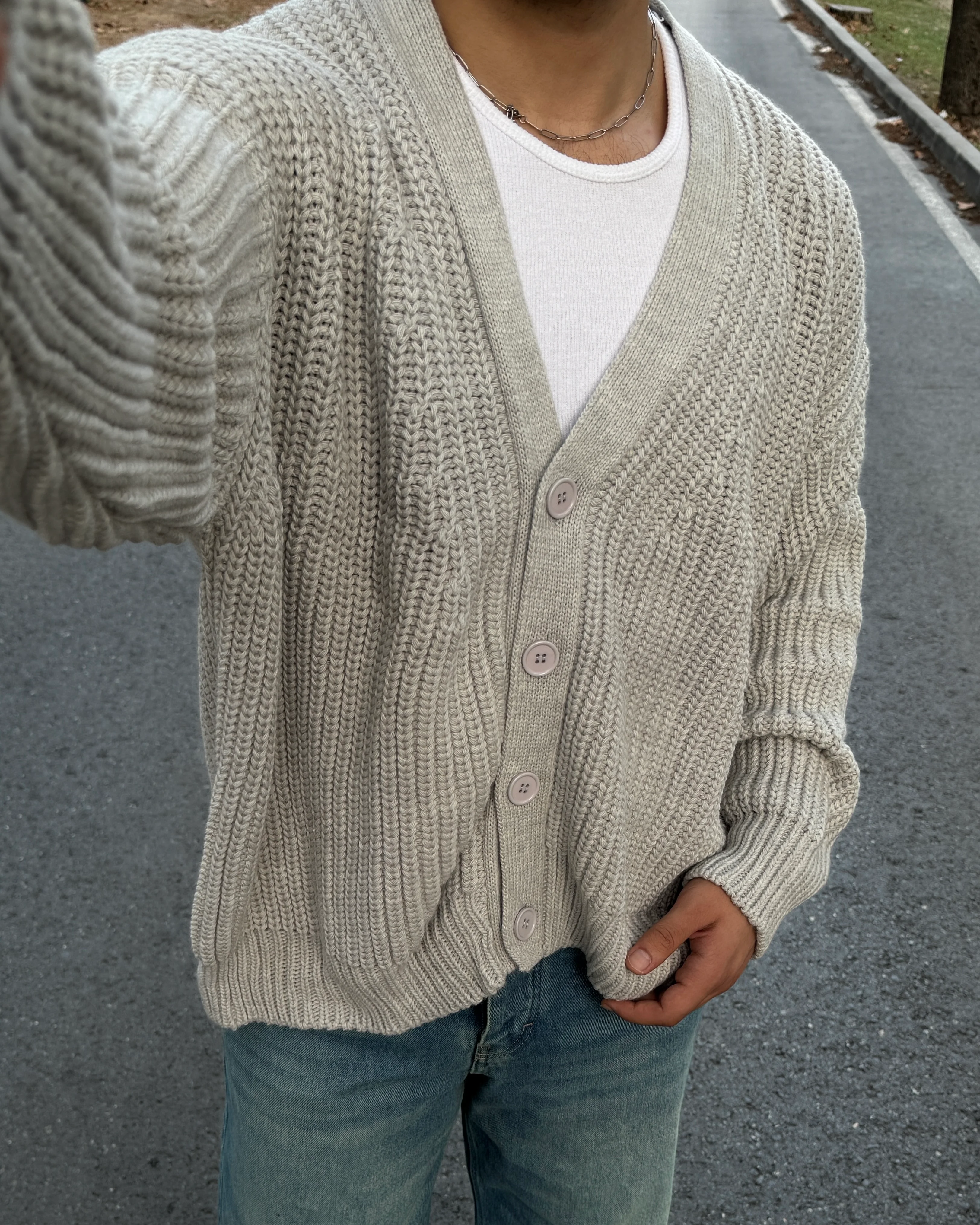 Erkek Oversize Düğmeli Örgü Hırka Kazak - Gri