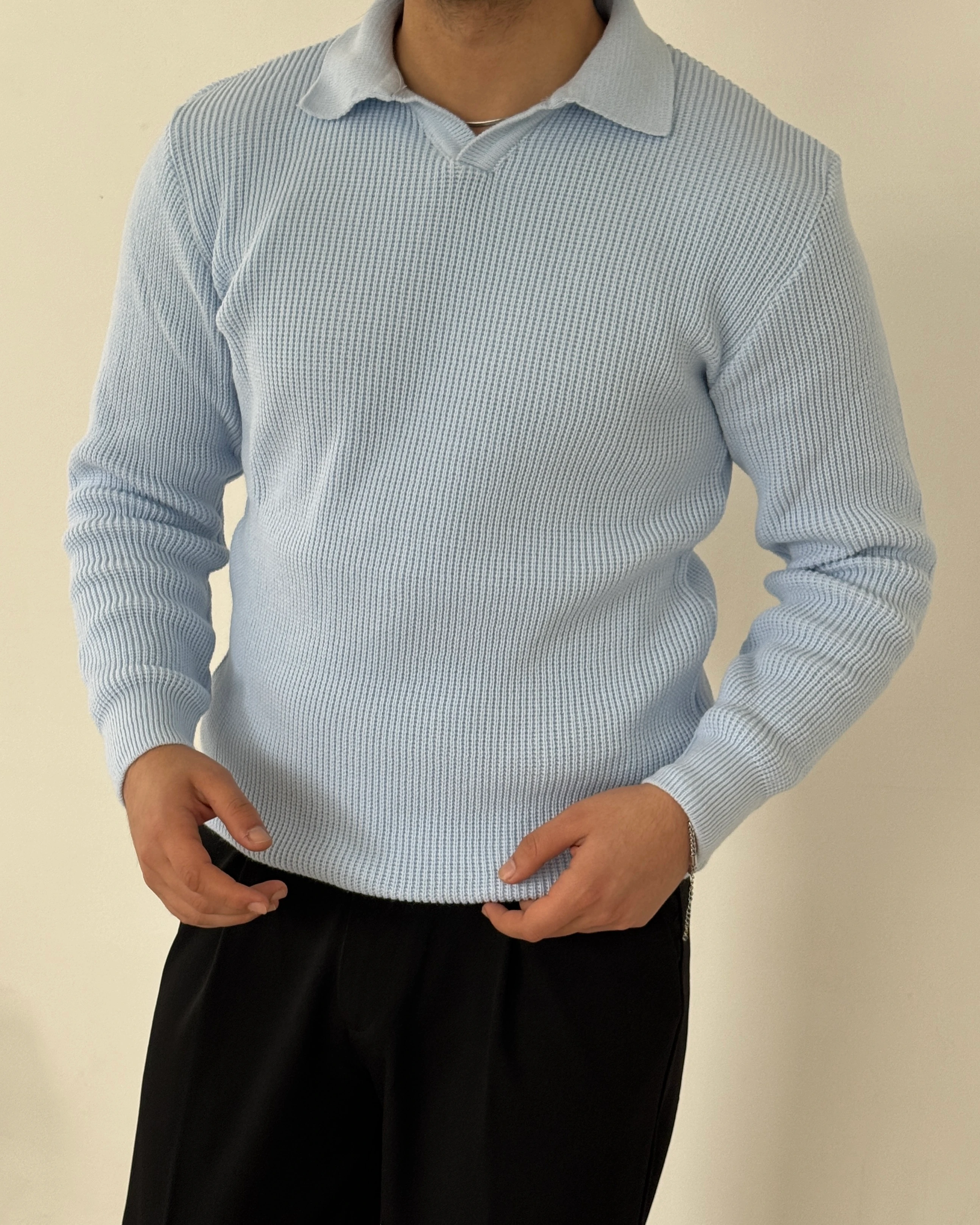 Erkek Regular Polo Yaka Kazak - Açık Mavi