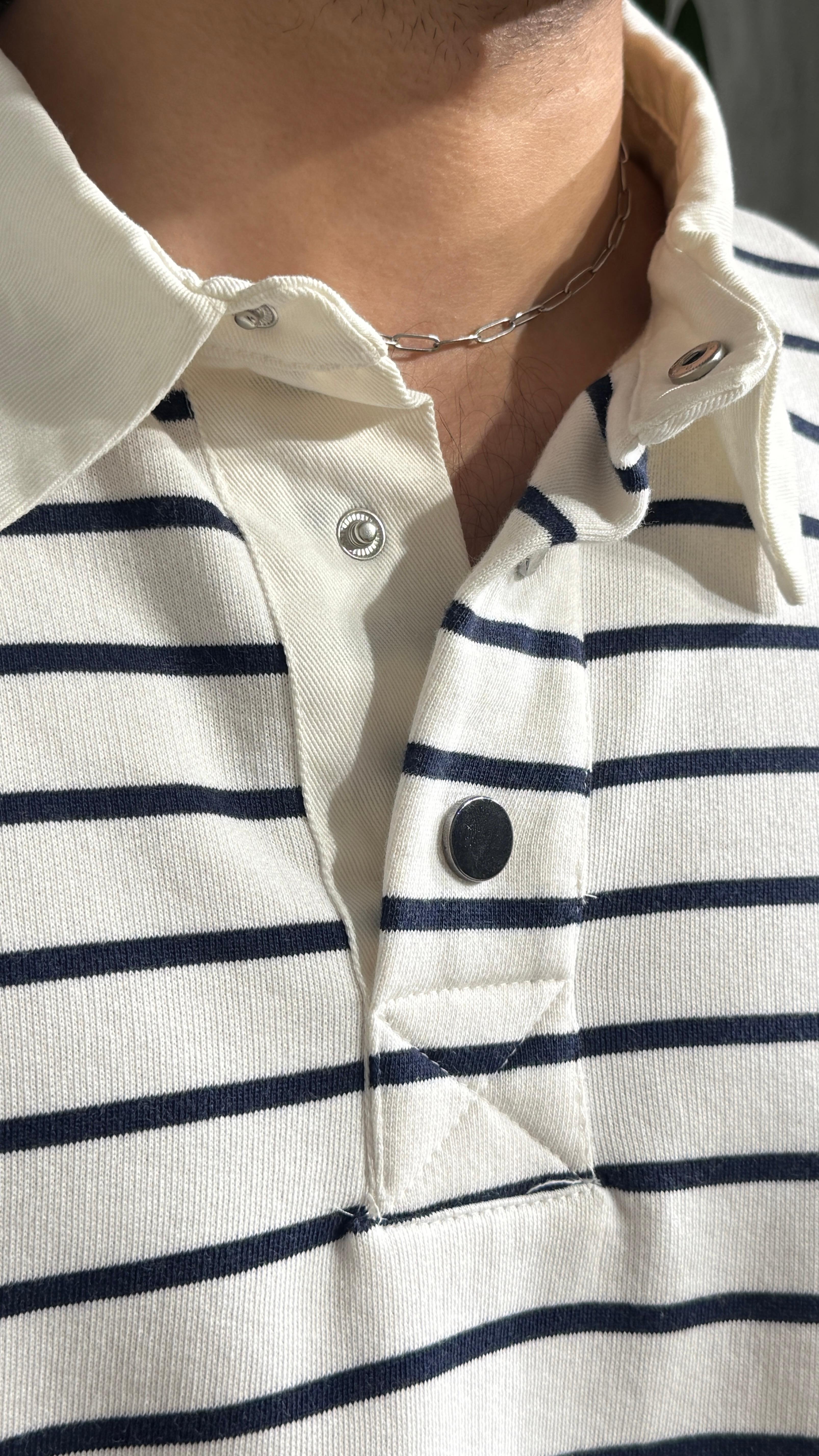 Erkek Oversize Polo Yaka Çizgili Premium Uzun Kollu Tişört