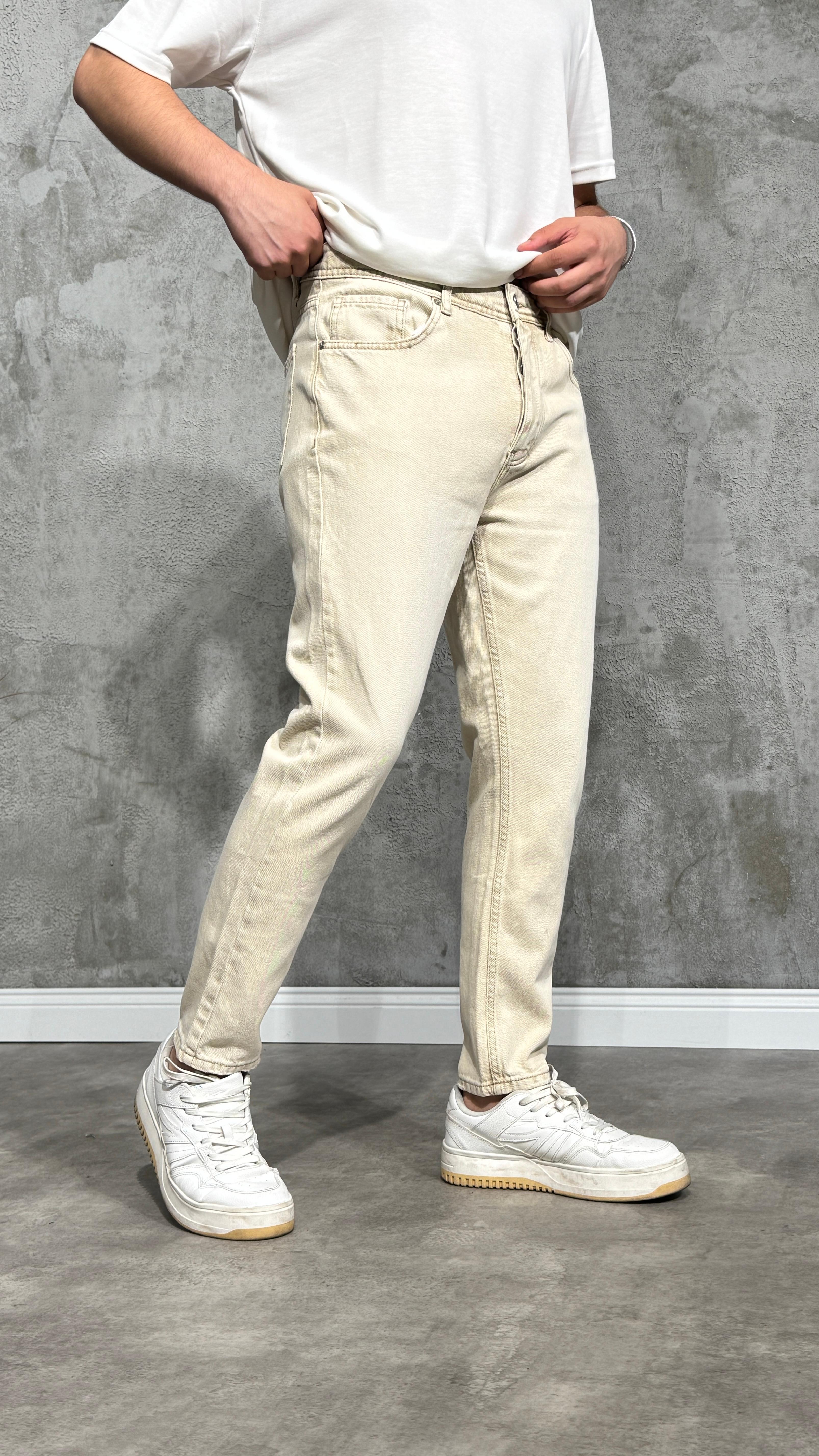 Erkek Boyfriend Kesim Krem Kot Pantolon 