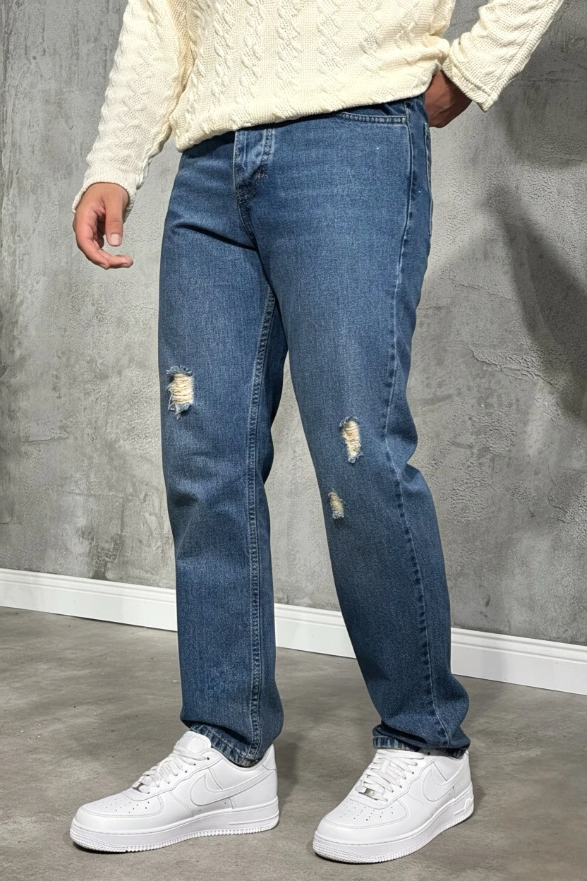 Erkek Minimal Yırtık Detaylı Normal Kalıp Kot Pantolon
