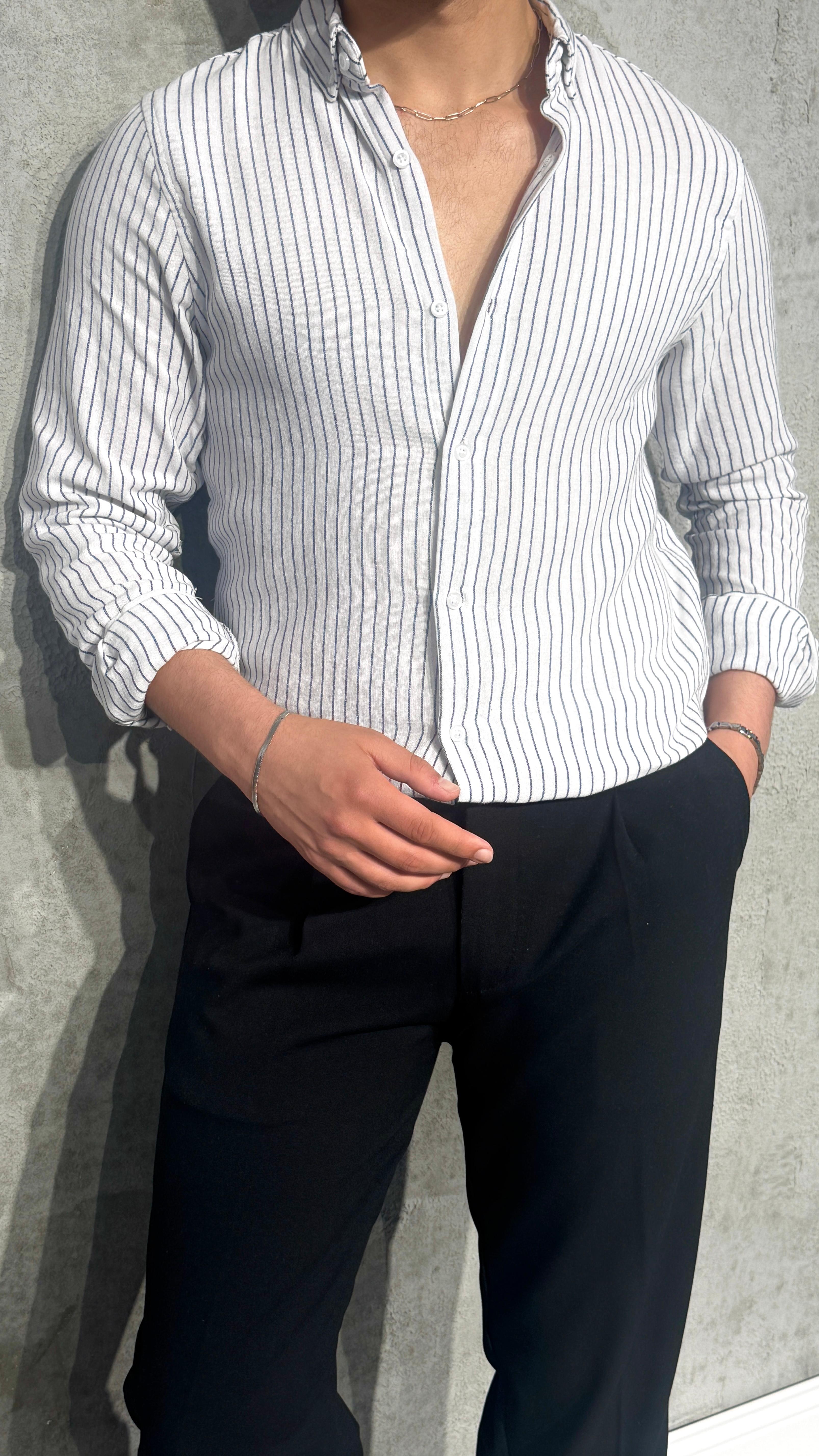 Çizgili Fit Keten Gömlek