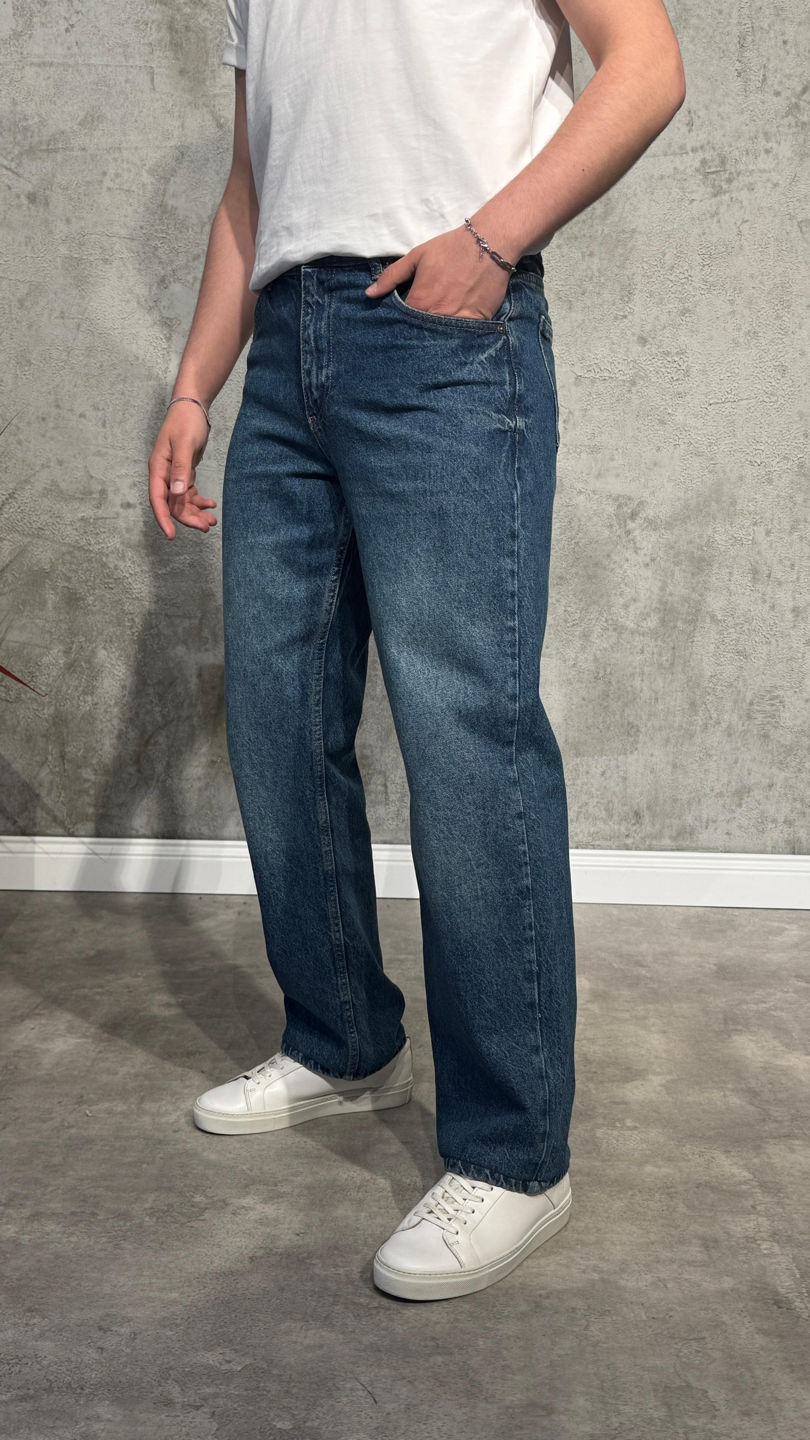 Baggy Fit Kot Pantolon - Yıkamalı Lacivert