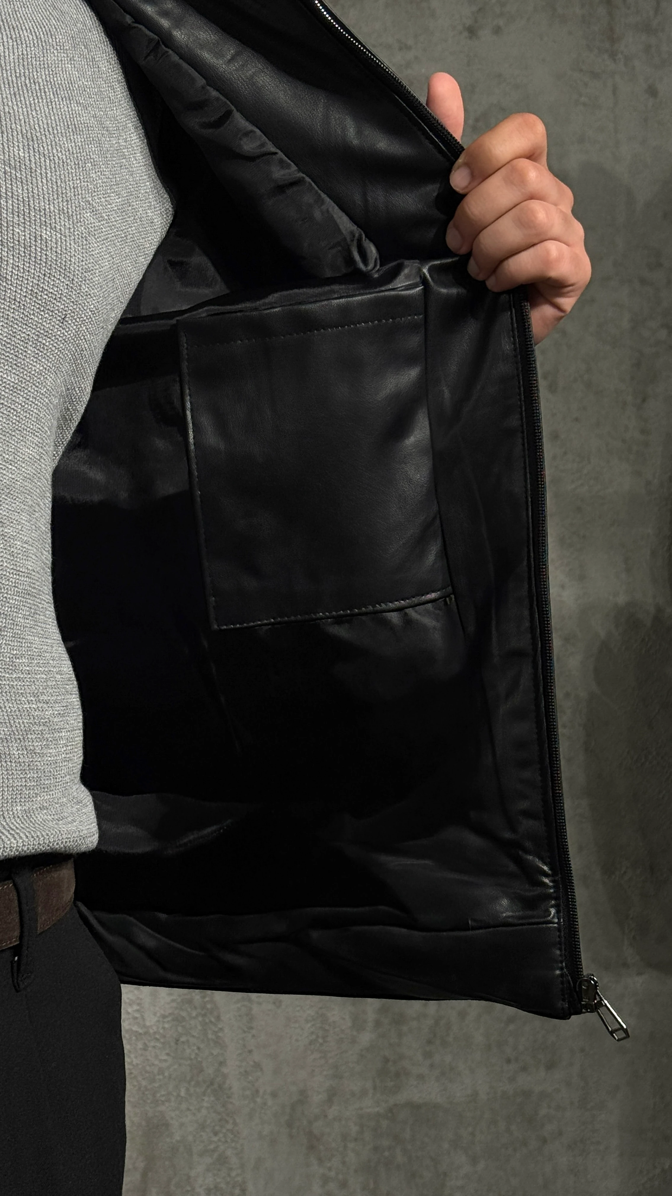 Erkek Fermuarlı Siyah Deri Ceket